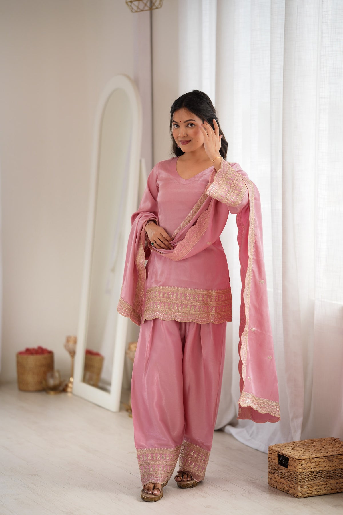 Pink Silk Embroidered Peplum Sharara Set With Dupatta For Women