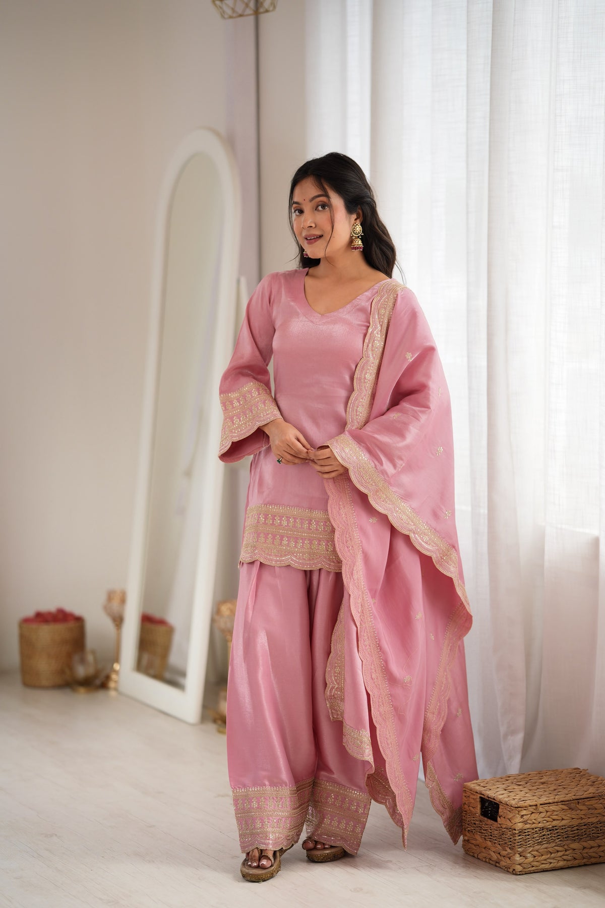 Pink Silk Embroidered Peplum Sharara Set With Dupatta For Women