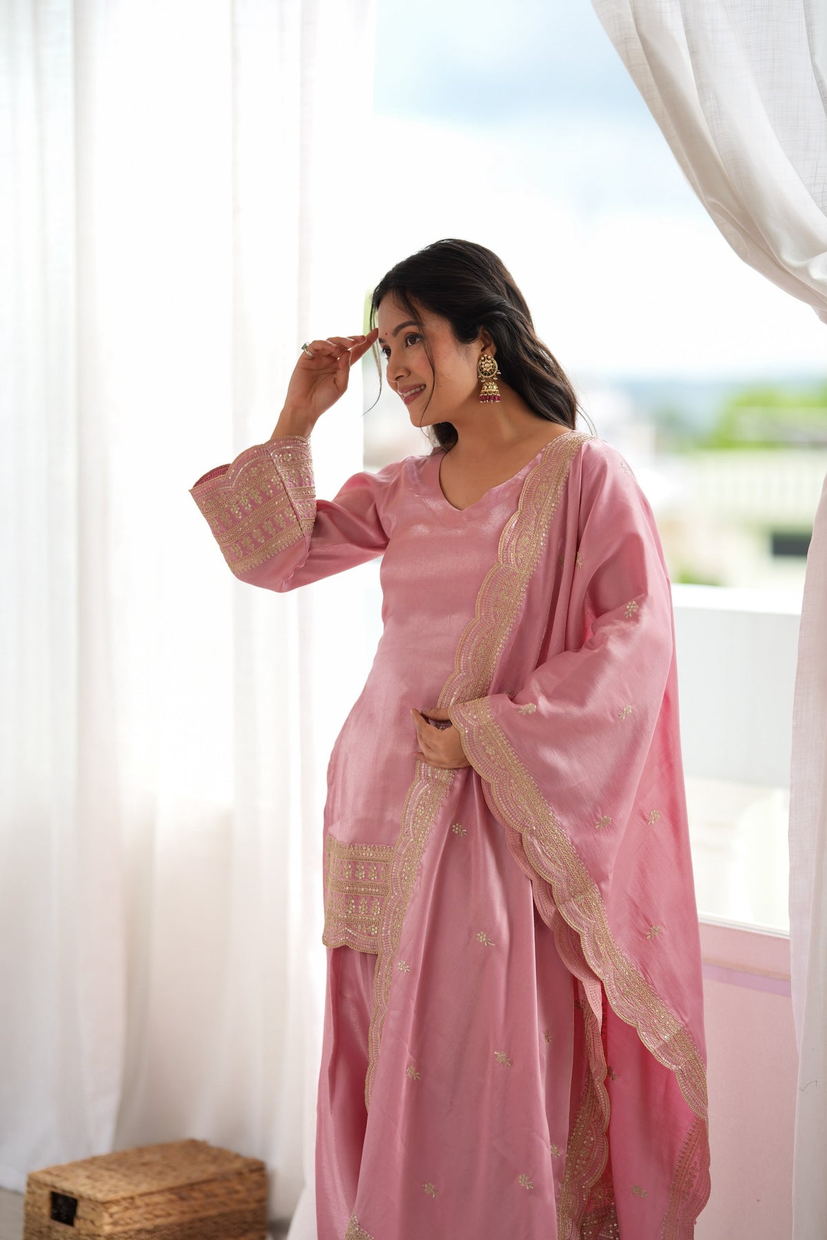 Pink Silk Embroidered Peplum Sharara Set With Dupatta For Women