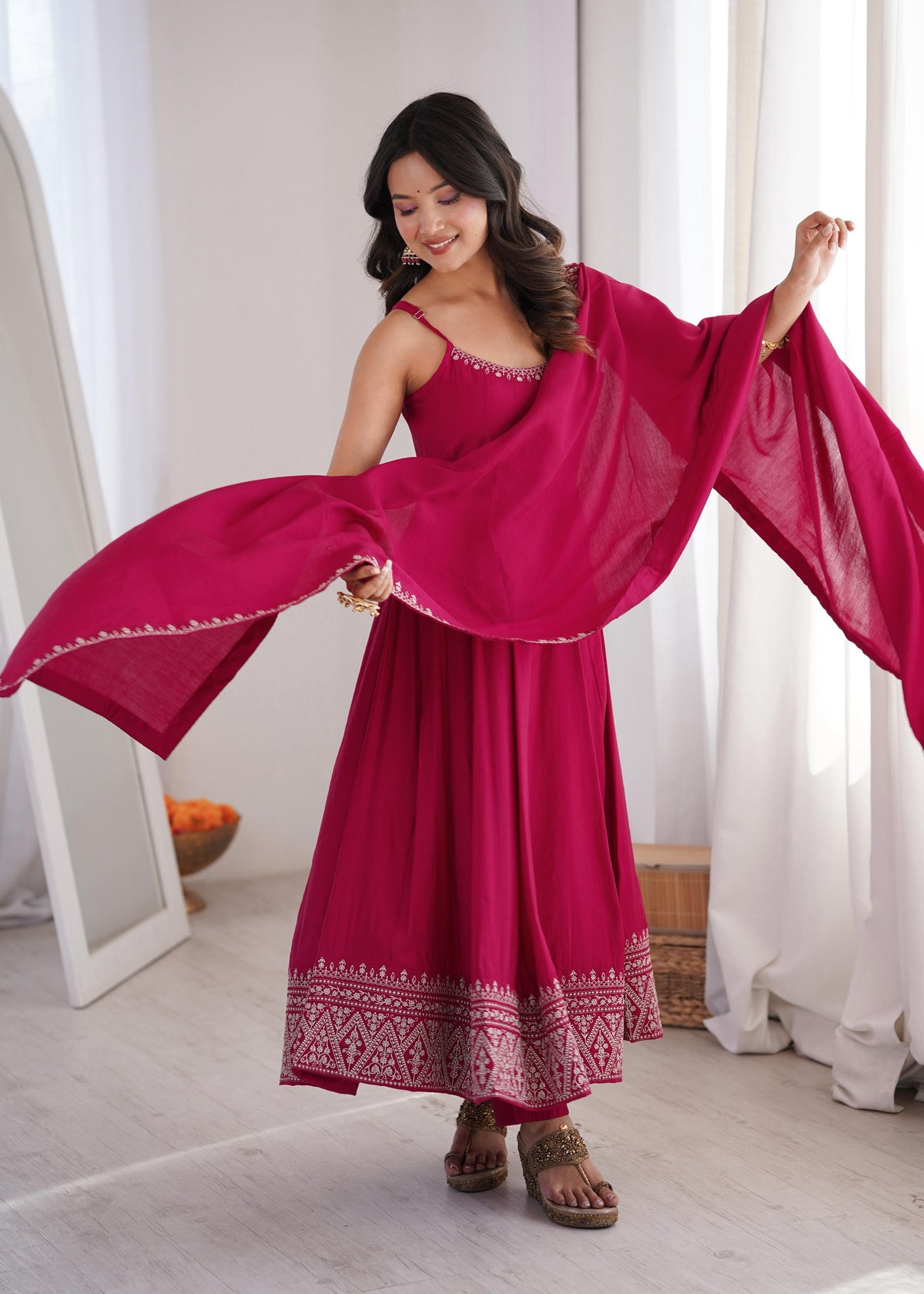 Pink Silk Embroidered Anarkali Kurta Set With Dupatta For Women