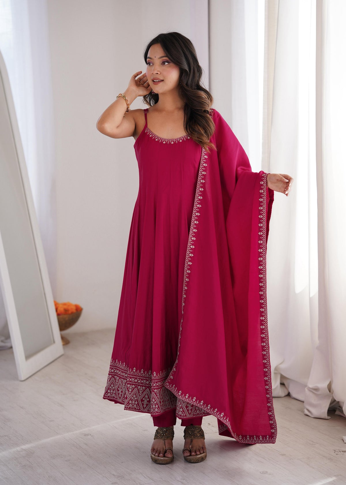 Pink Silk Embroidered Anarkali Kurta Set With Dupatta For Women