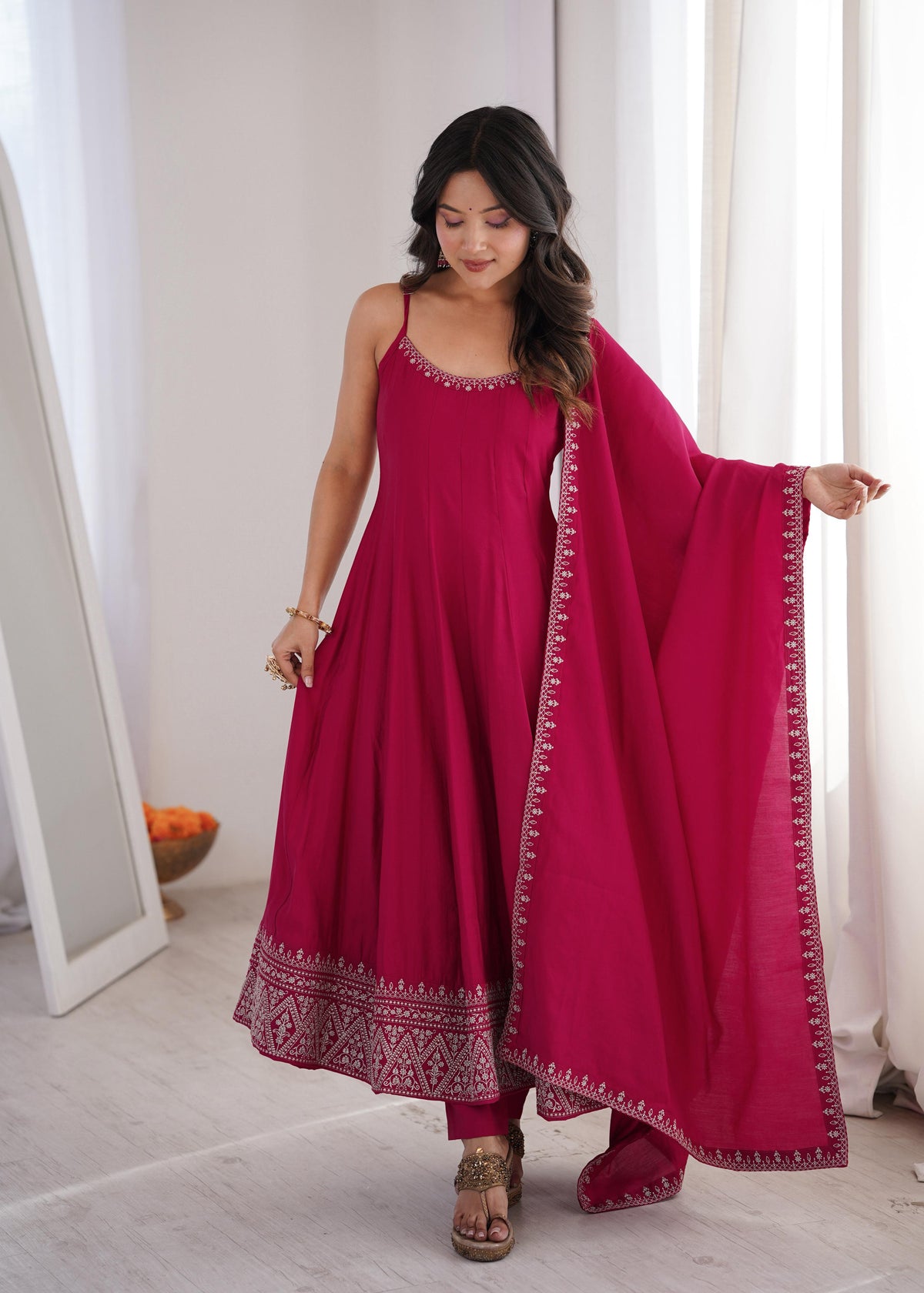 Pink Silk Embroidered Anarkali Kurta Set With Dupatta For Women