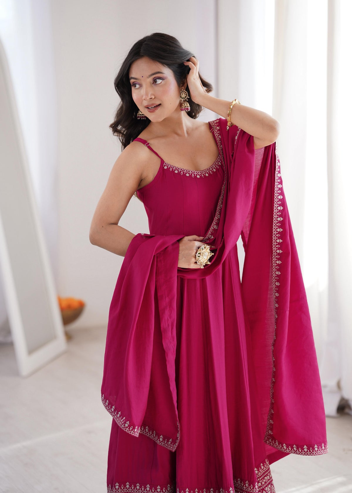 Pink Silk Embroidered Anarkali Kurta Set With Dupatta For Women
