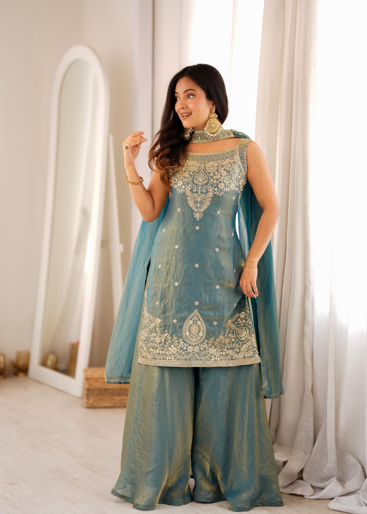 Teal blue Silk Embroidered Peplum Sharara Set With Dupatta For Women