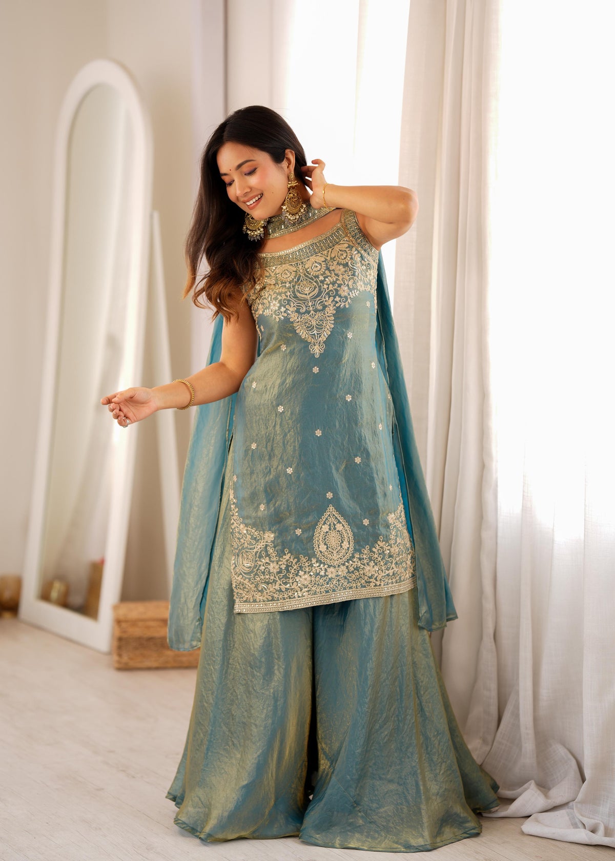 Teal blue Silk Embroidered Peplum Sharara Set With Dupatta For Women