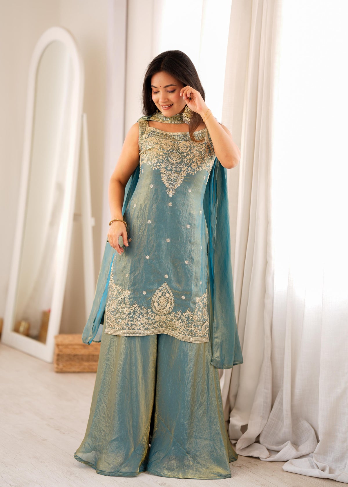 Teal blue Silk Embroidered Peplum Sharara Set With Dupatta For Women