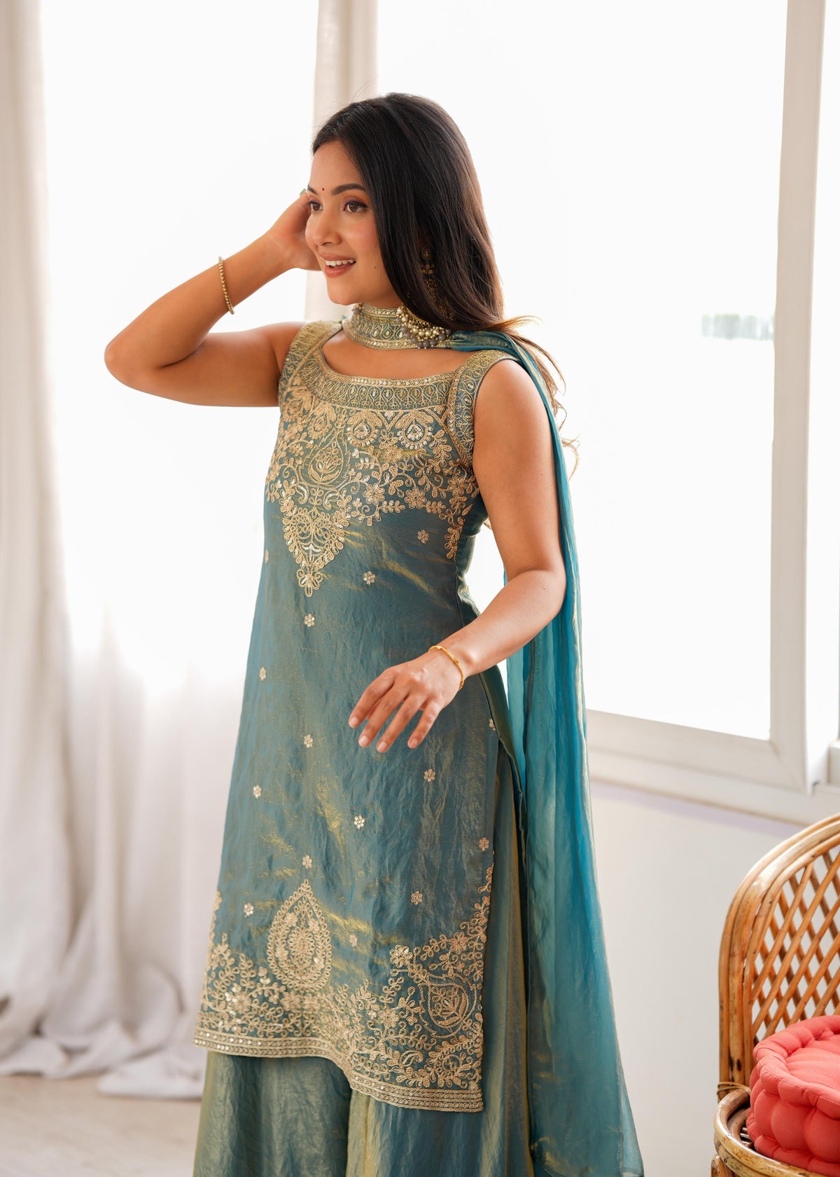 Teal blue Silk Embroidered Peplum Sharara Set With Dupatta For Women