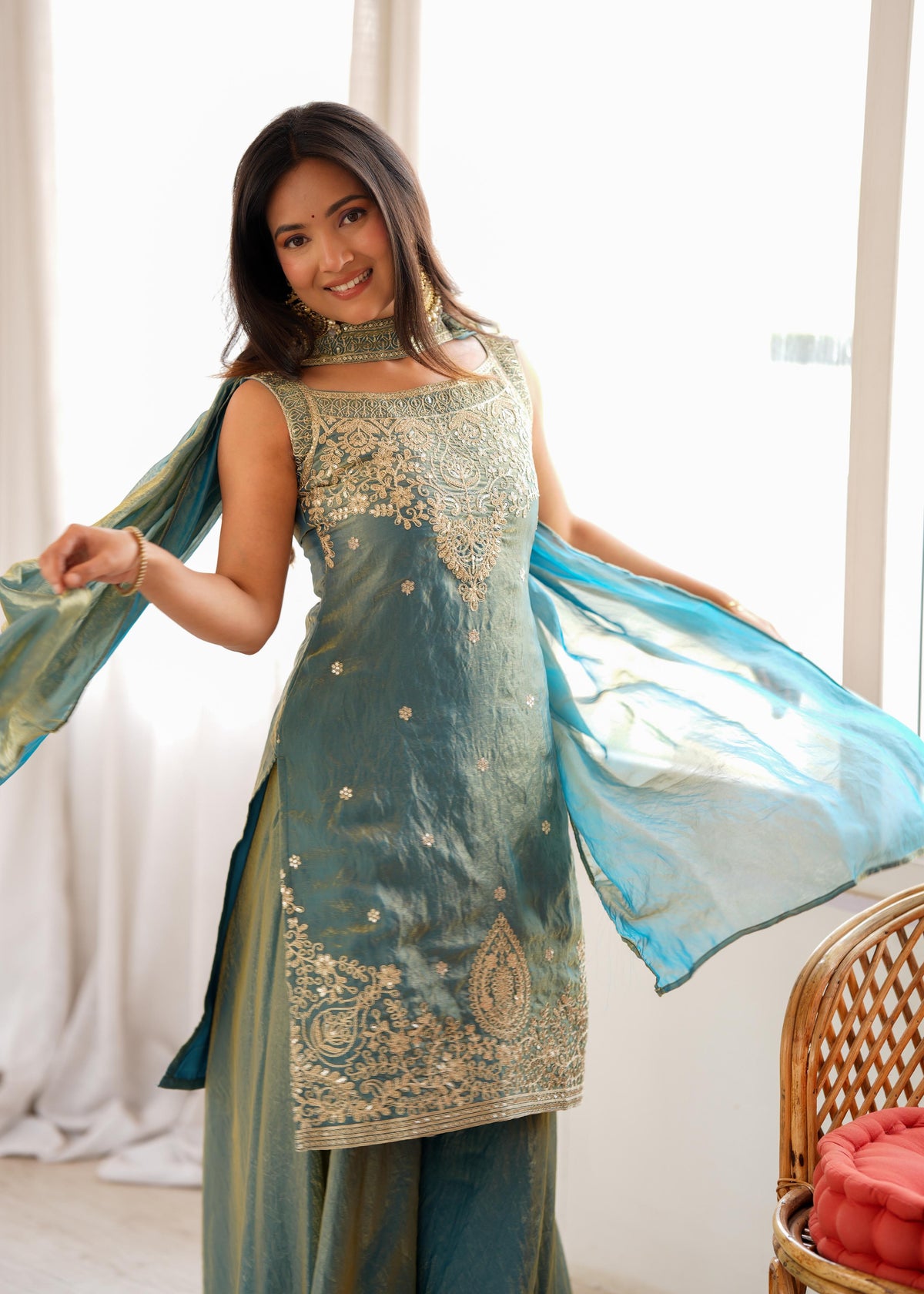 Teal blue Silk Embroidered Peplum Sharara Set With Dupatta For Women