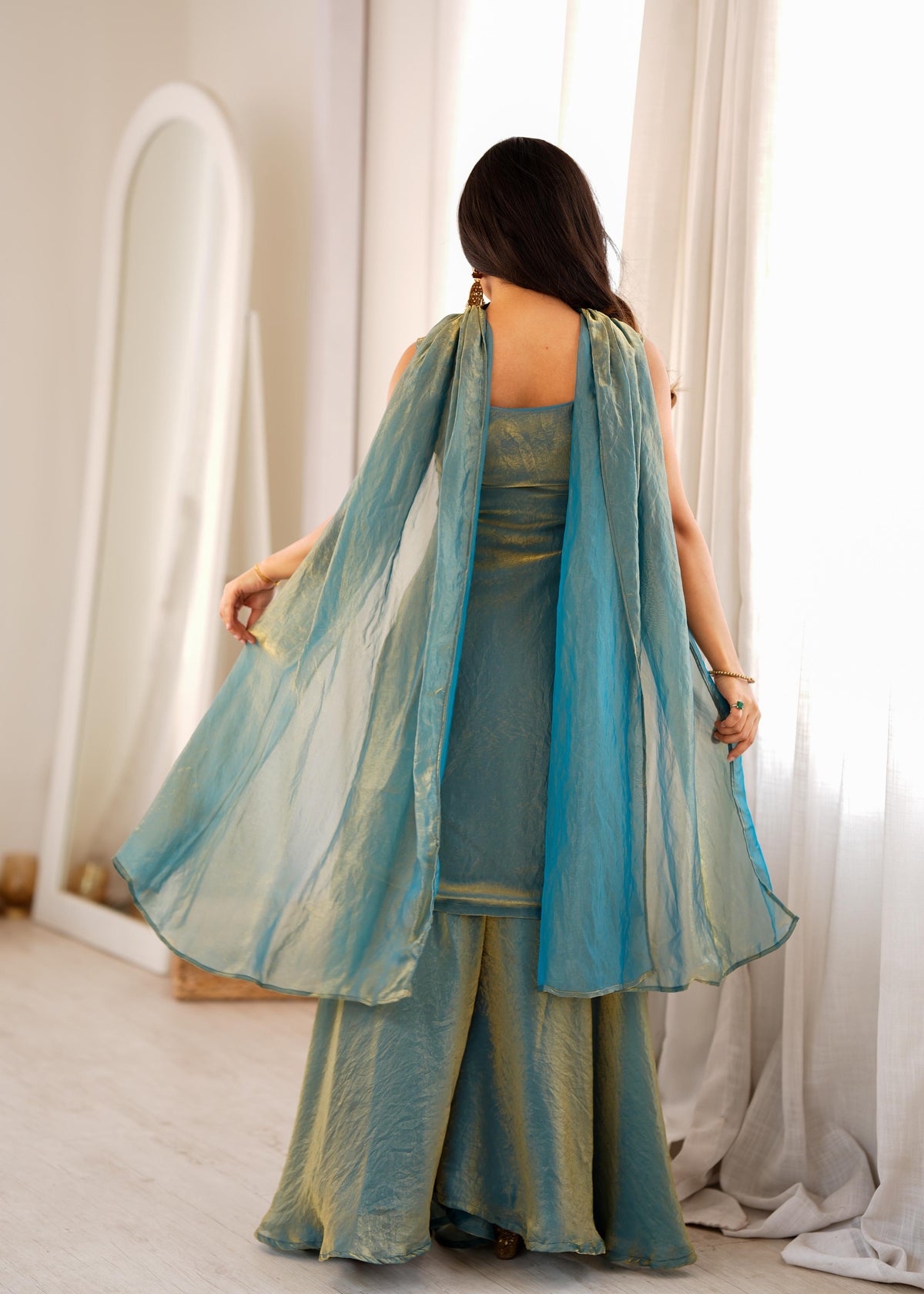 Teal blue Silk Embroidered Peplum Sharara Set With Dupatta For Women