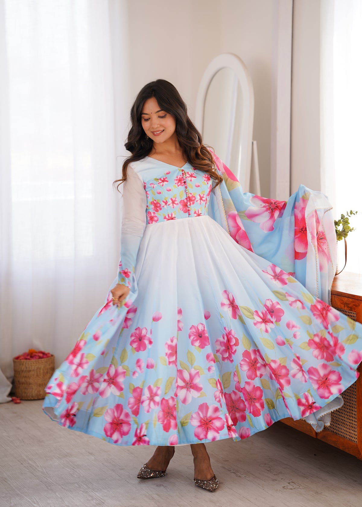 Sky Blue Floral Print Anarkali Kurta Set With Dupatta For Women