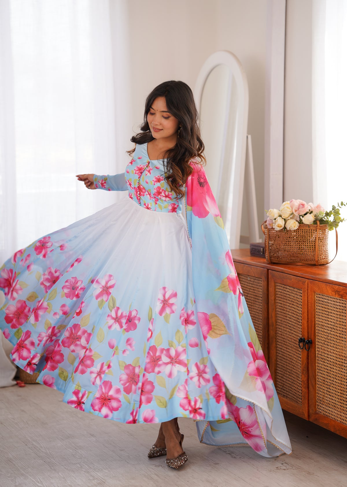 Sky Blue Floral Print Anarkali Kurta Set With Dupatta For Women