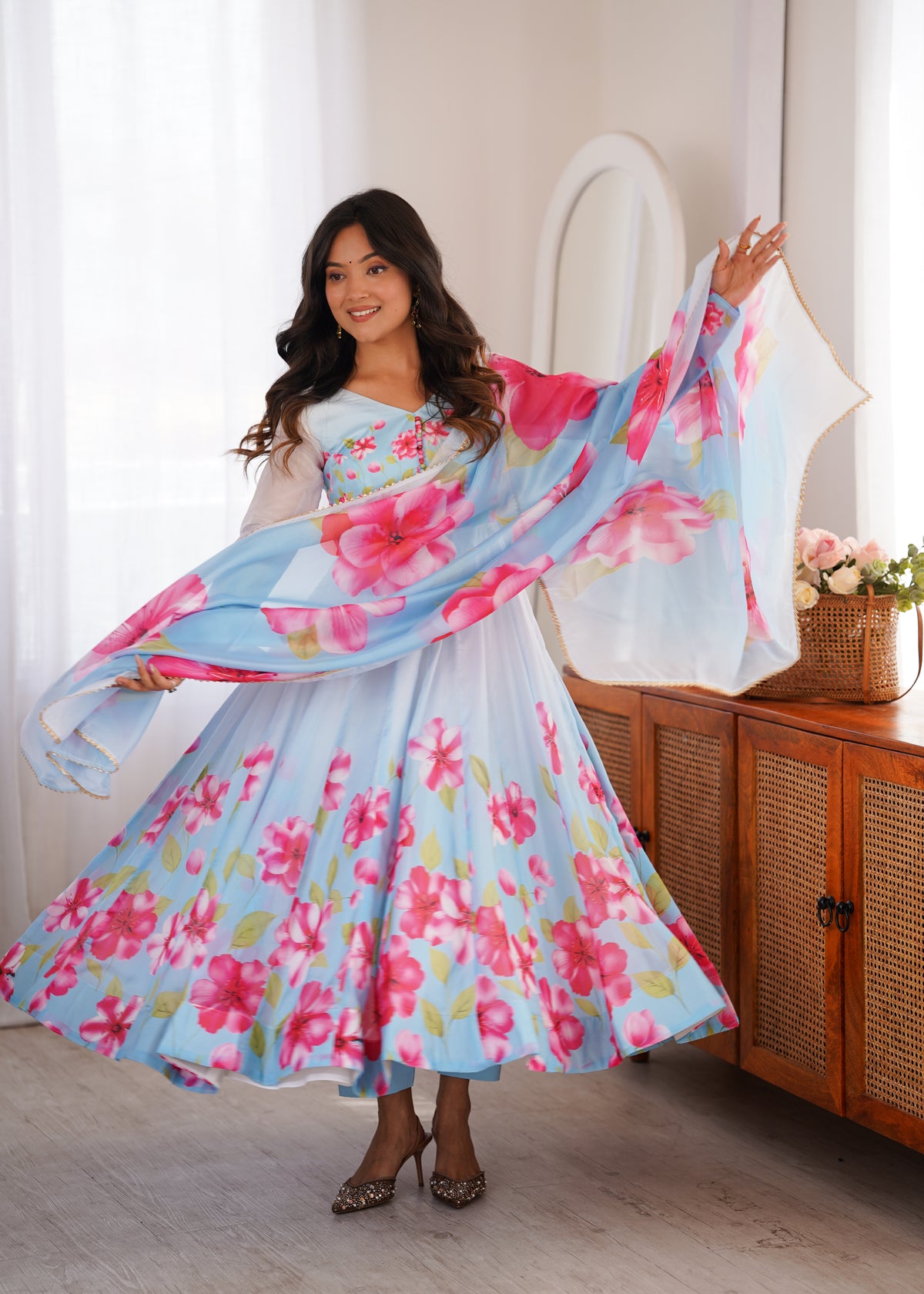 Sky Blue Floral Print Anarkali Kurta Set With Dupatta For Women