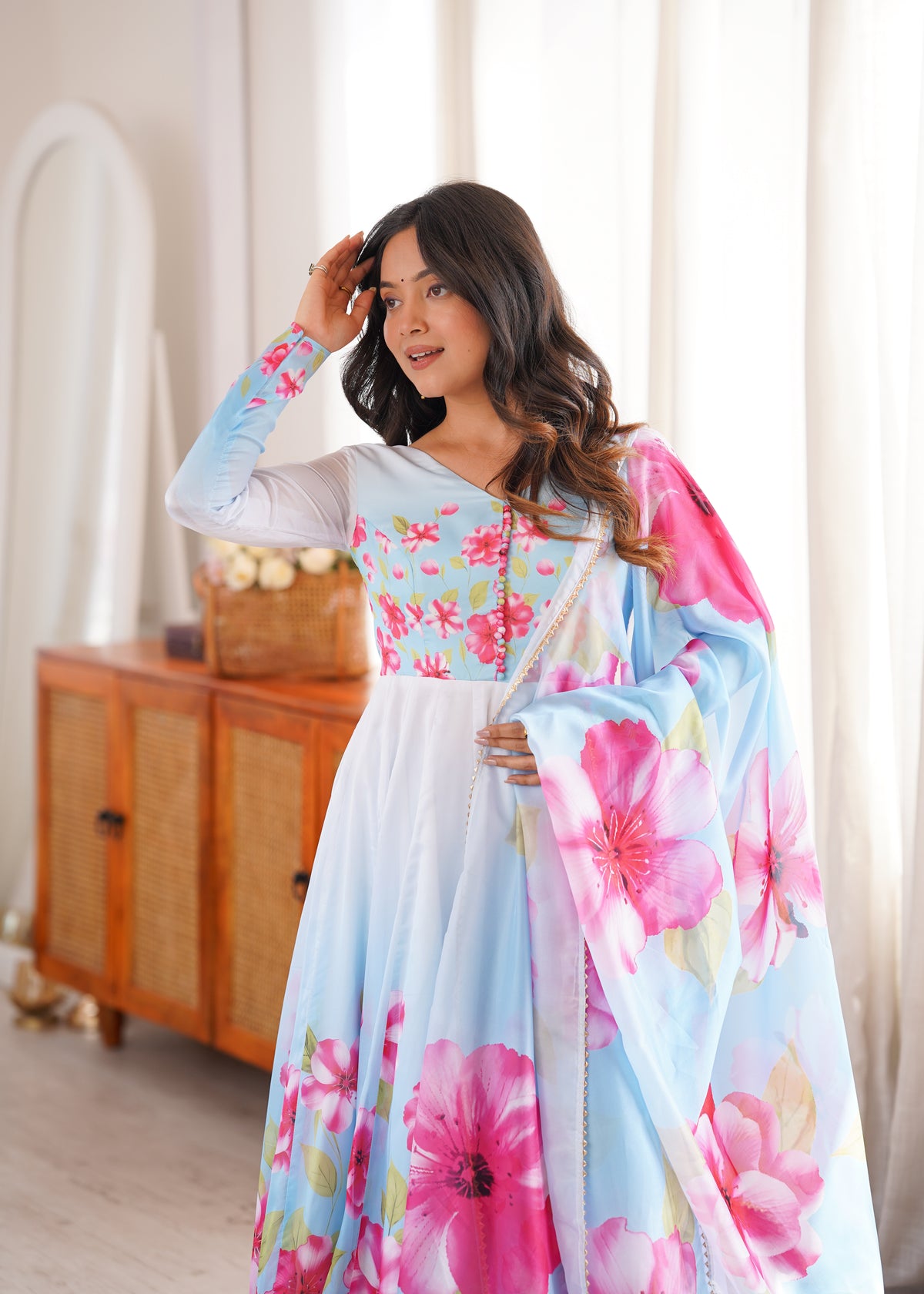 Sky Blue Floral Print Anarkali Kurta Set With Dupatta For Women