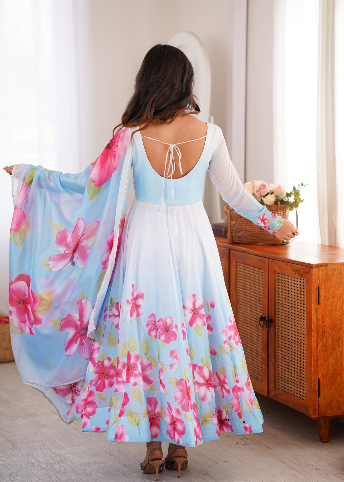 Sky Blue Floral Print Anarkali Kurta Set With Dupatta For Women