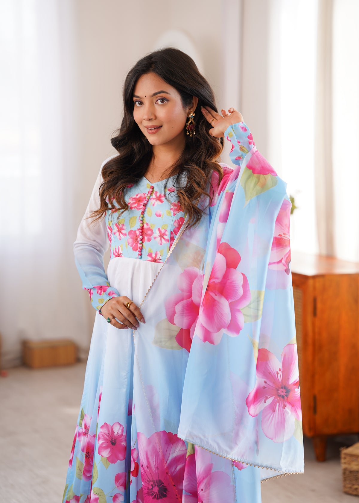 Sky Blue Floral Print Anarkali Kurta Set With Dupatta For Women