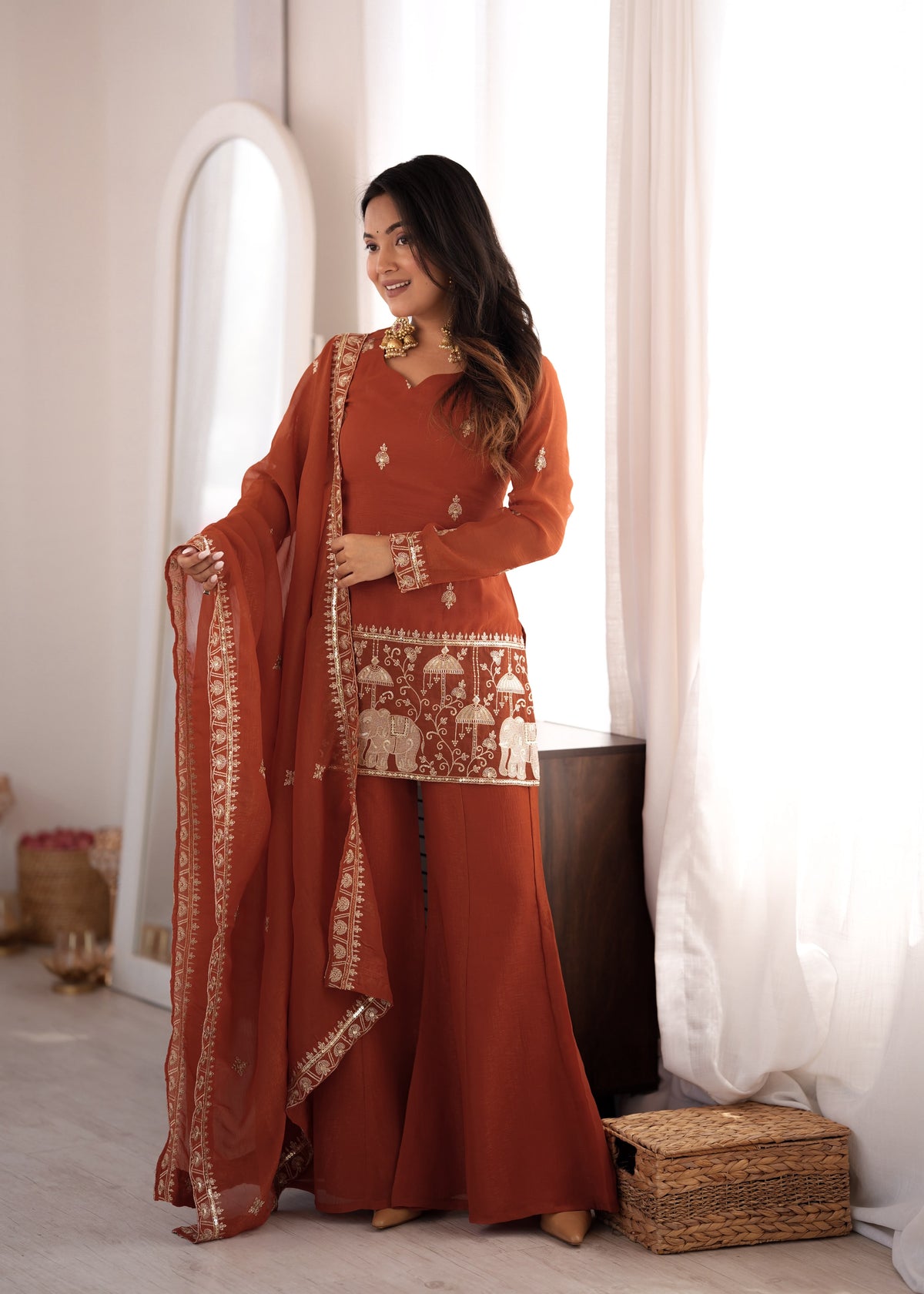 Rust Silk Embroidered Peplum Sharara Set With Dupatta For Women