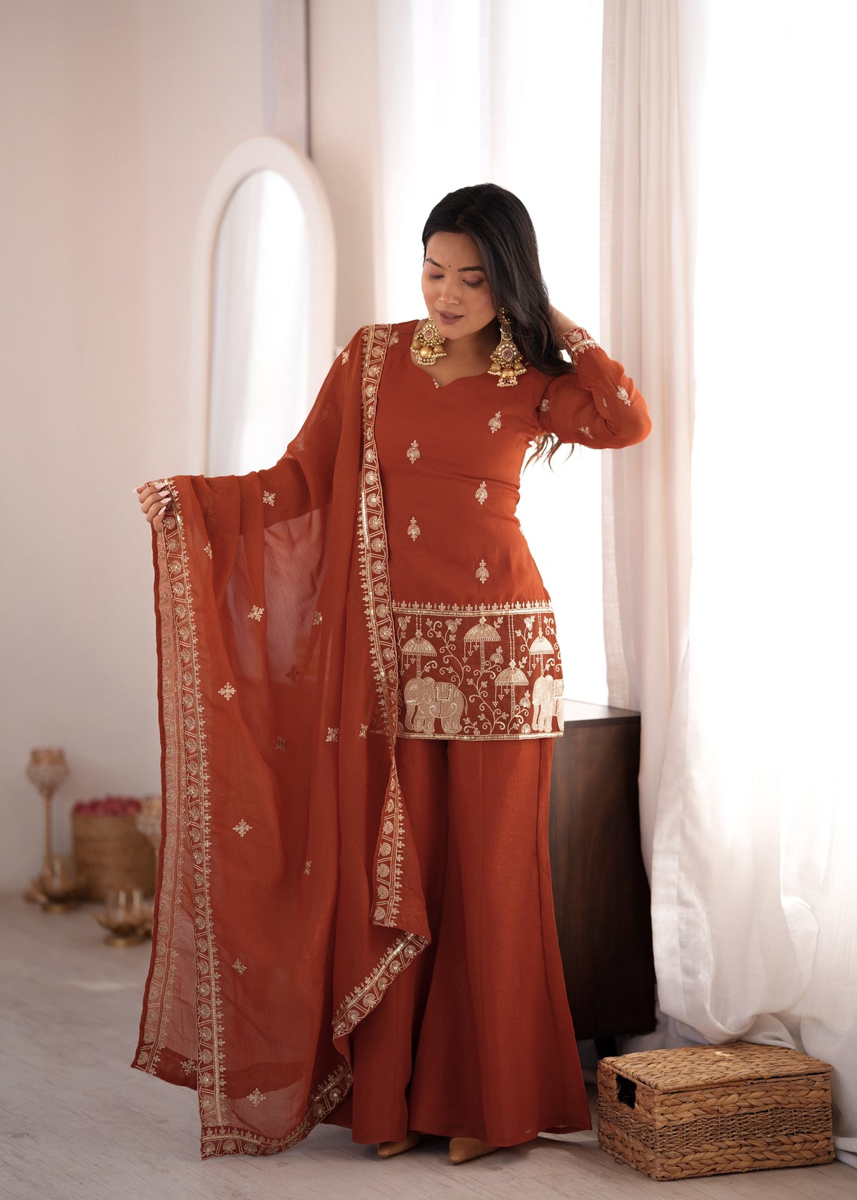 Rust Silk Embroidered Peplum Sharara Set With Dupatta For Women