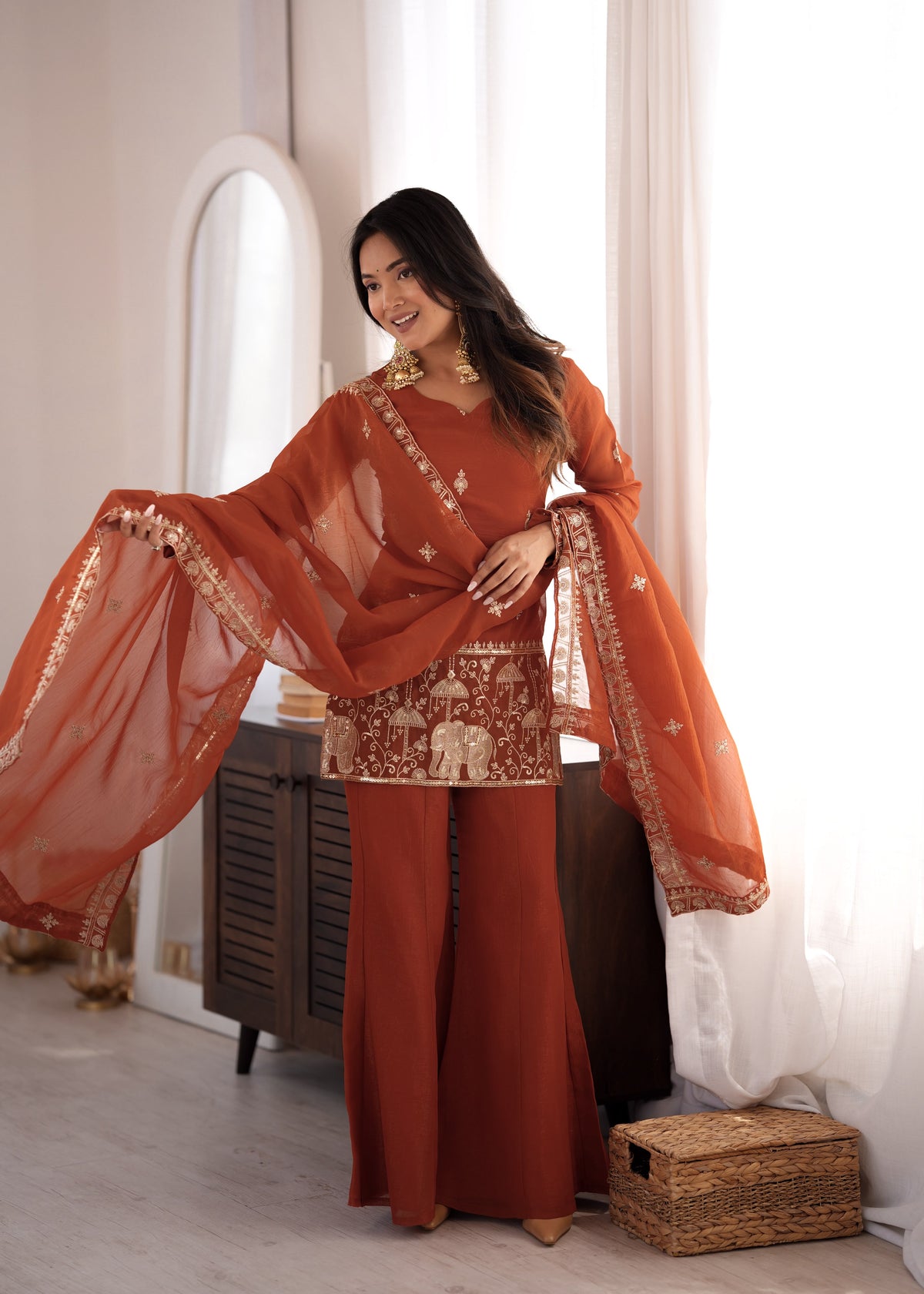 Rust Silk Embroidered Peplum Sharara Set With Dupatta For Women