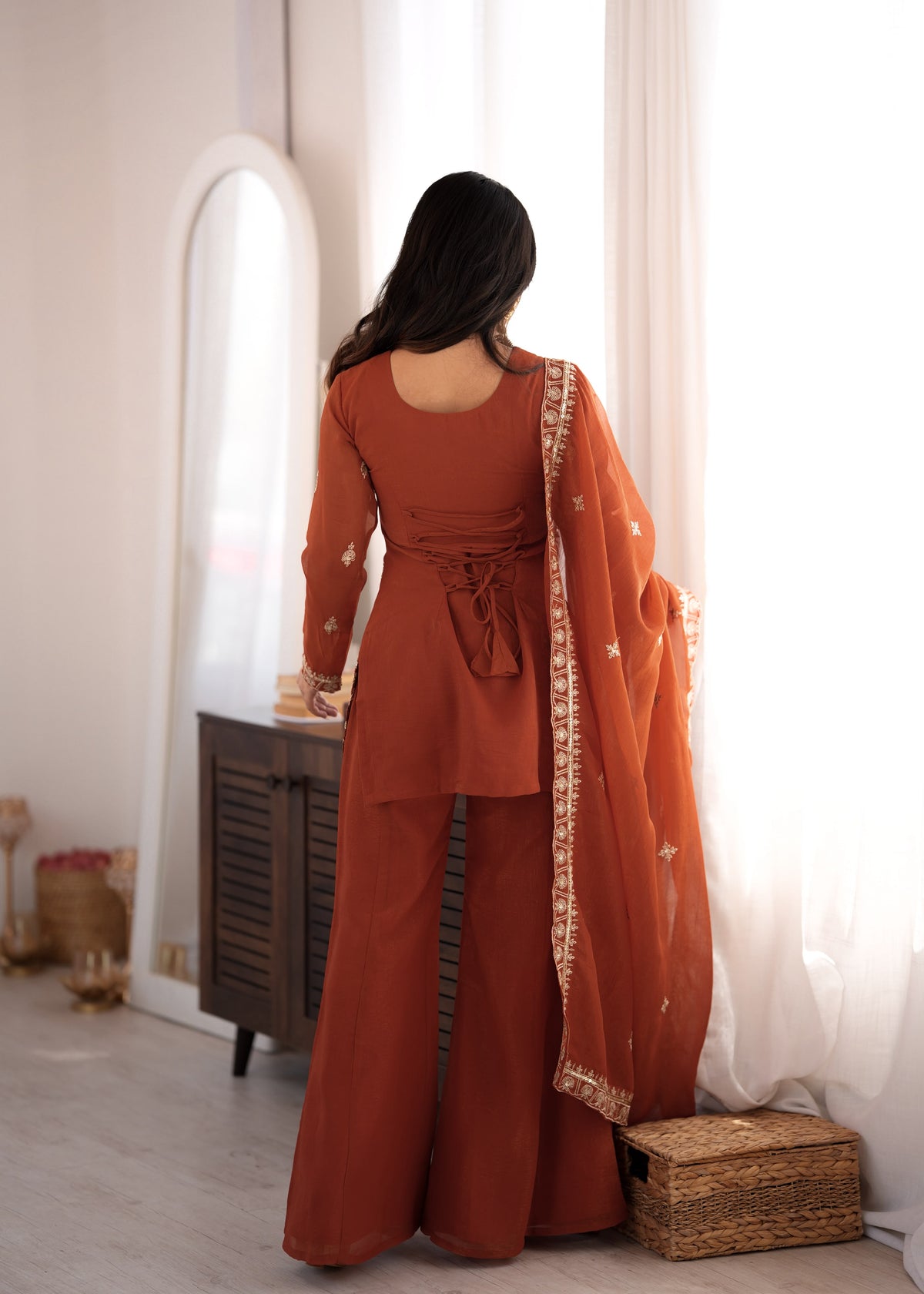 Rust Silk Embroidered Peplum Sharara Set With Dupatta For Women