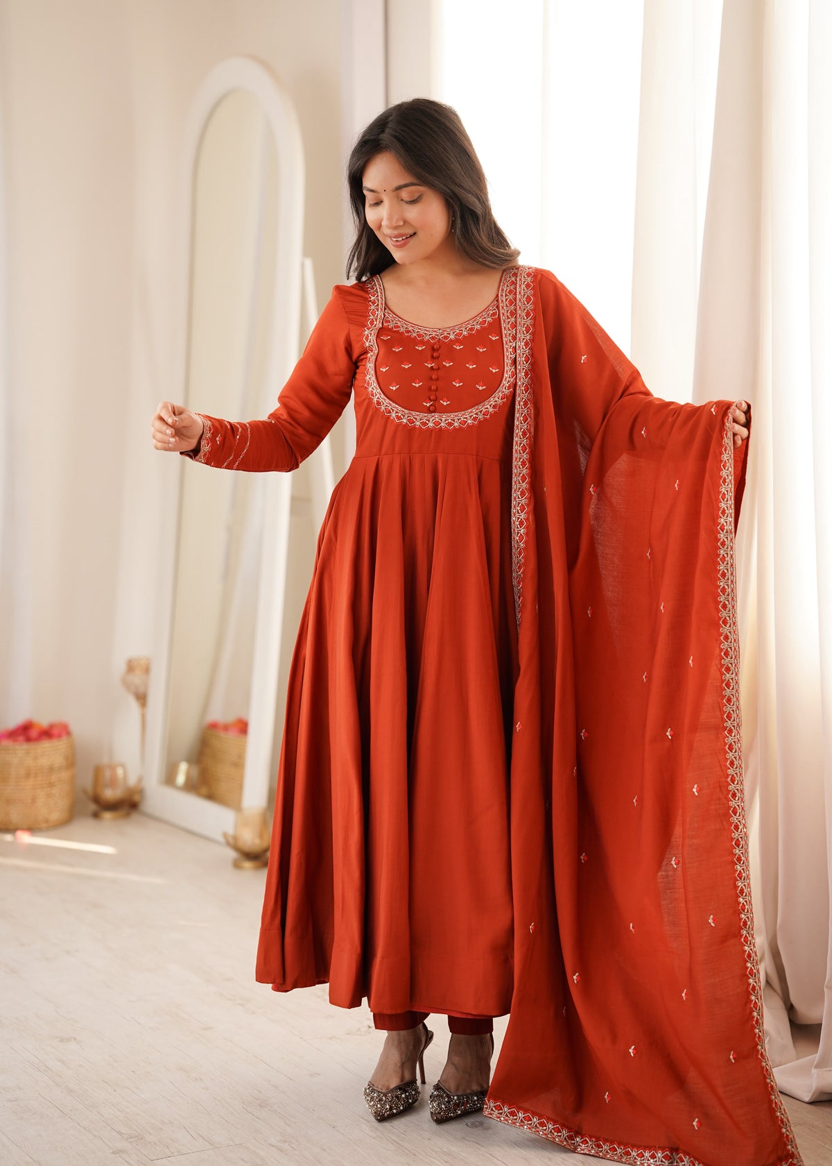 Orange Silk Embroidered Anarkali Kurta Set With Dupatta For Women