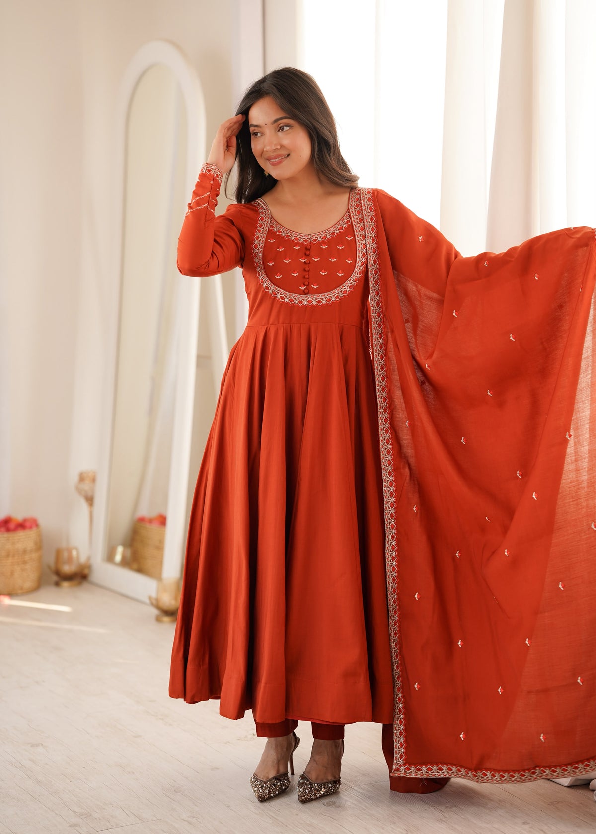 Orange Silk Embroidered Anarkali Kurta Set With Dupatta For Women