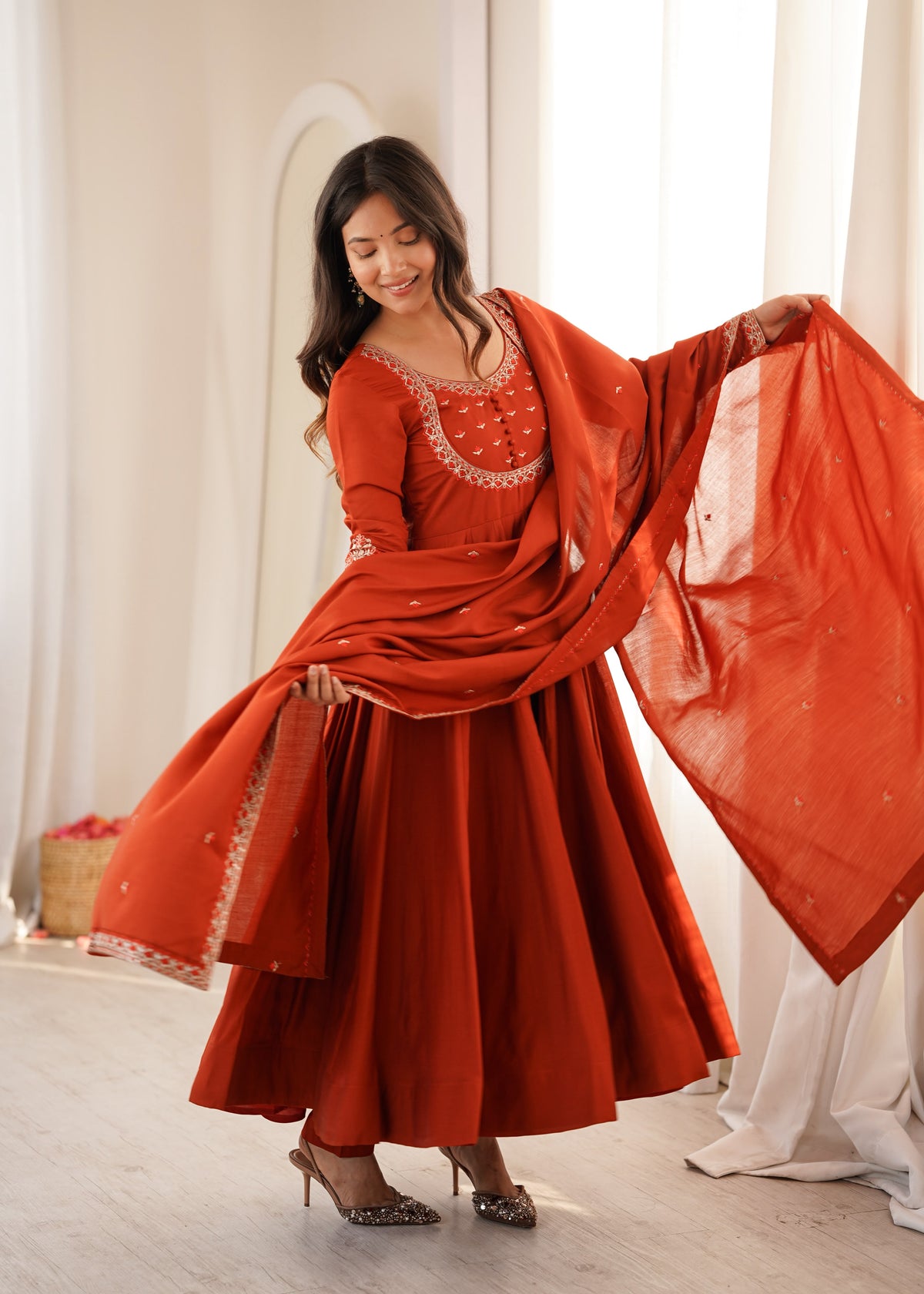 Orange Silk Embroidered Anarkali Kurta Set With Dupatta For Women