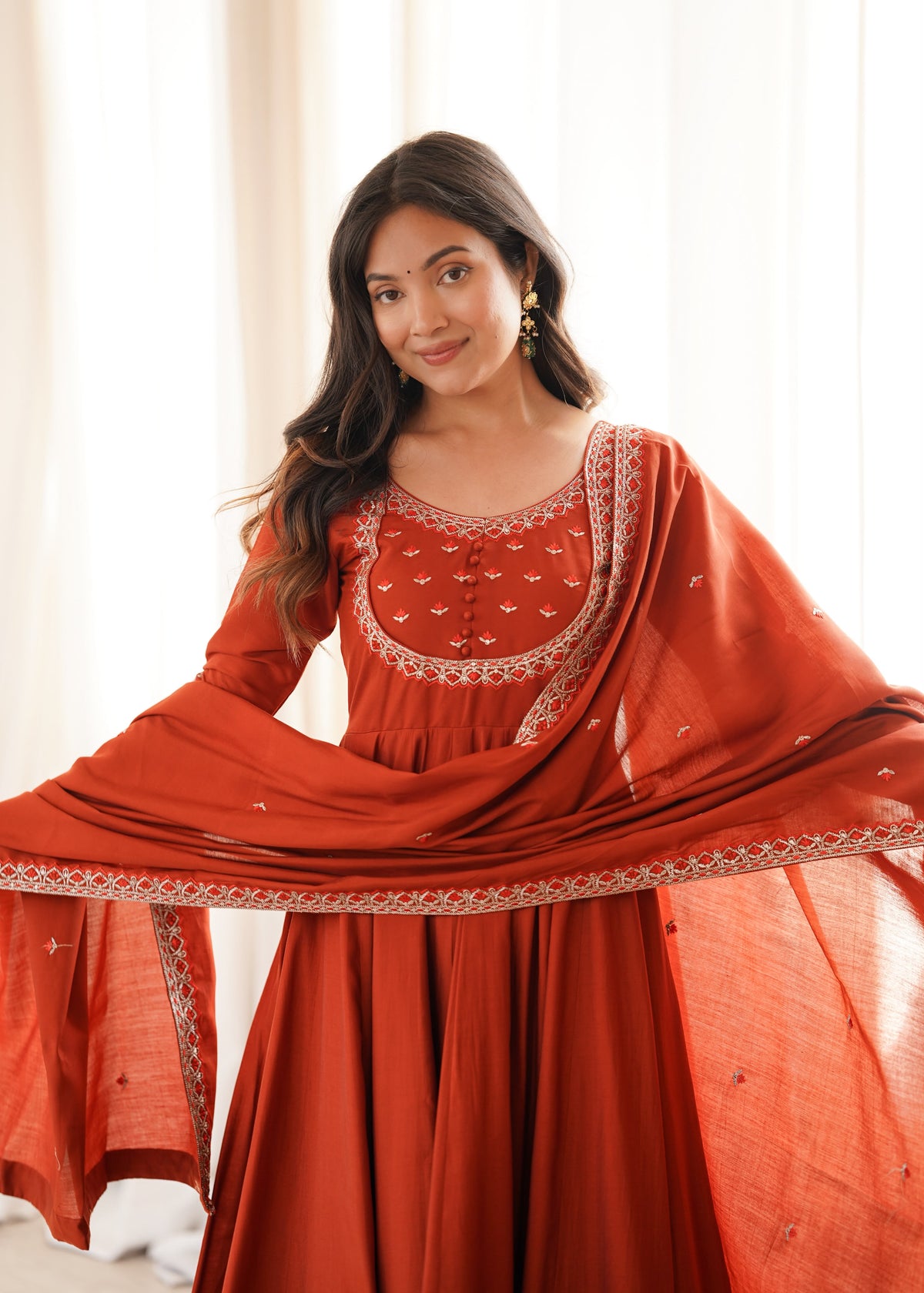 Orange Silk Embroidered Anarkali Kurta Set With Dupatta For Women