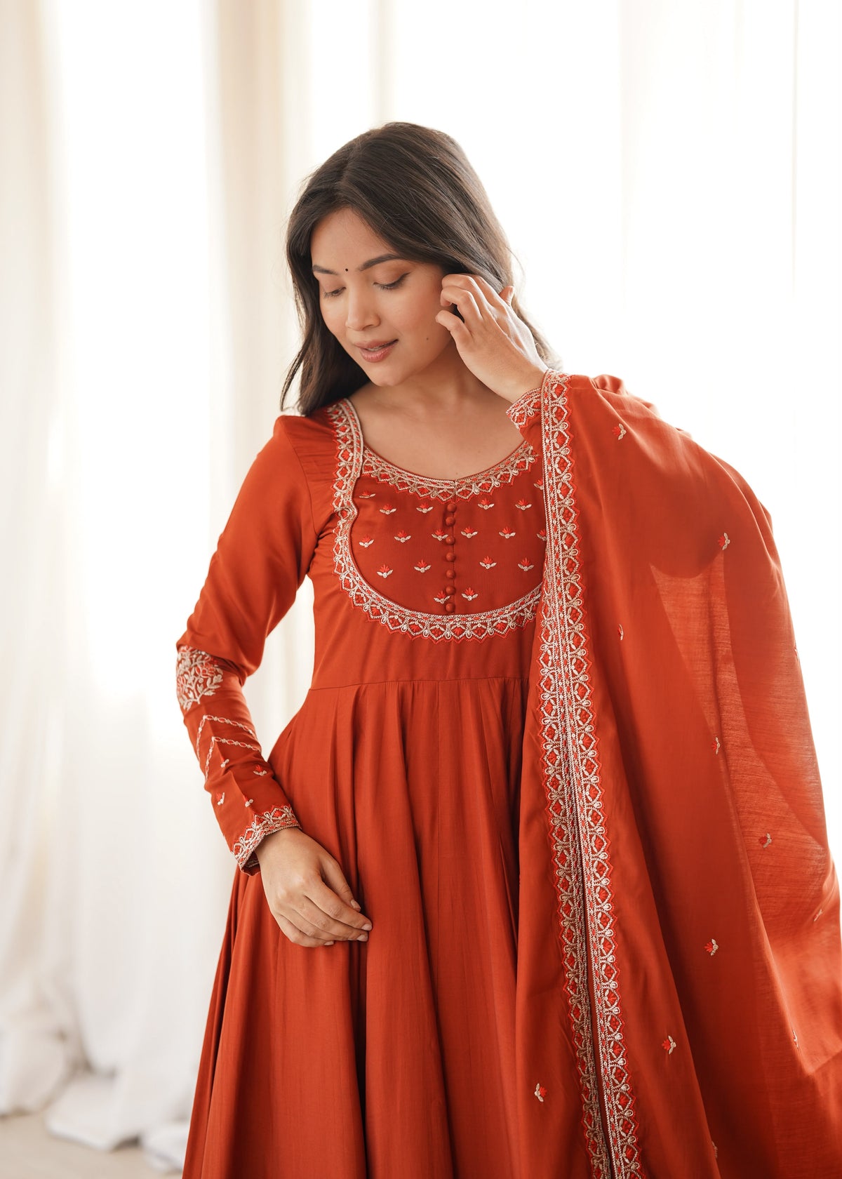 Orange Silk Embroidered Anarkali Kurta Set With Dupatta For Women