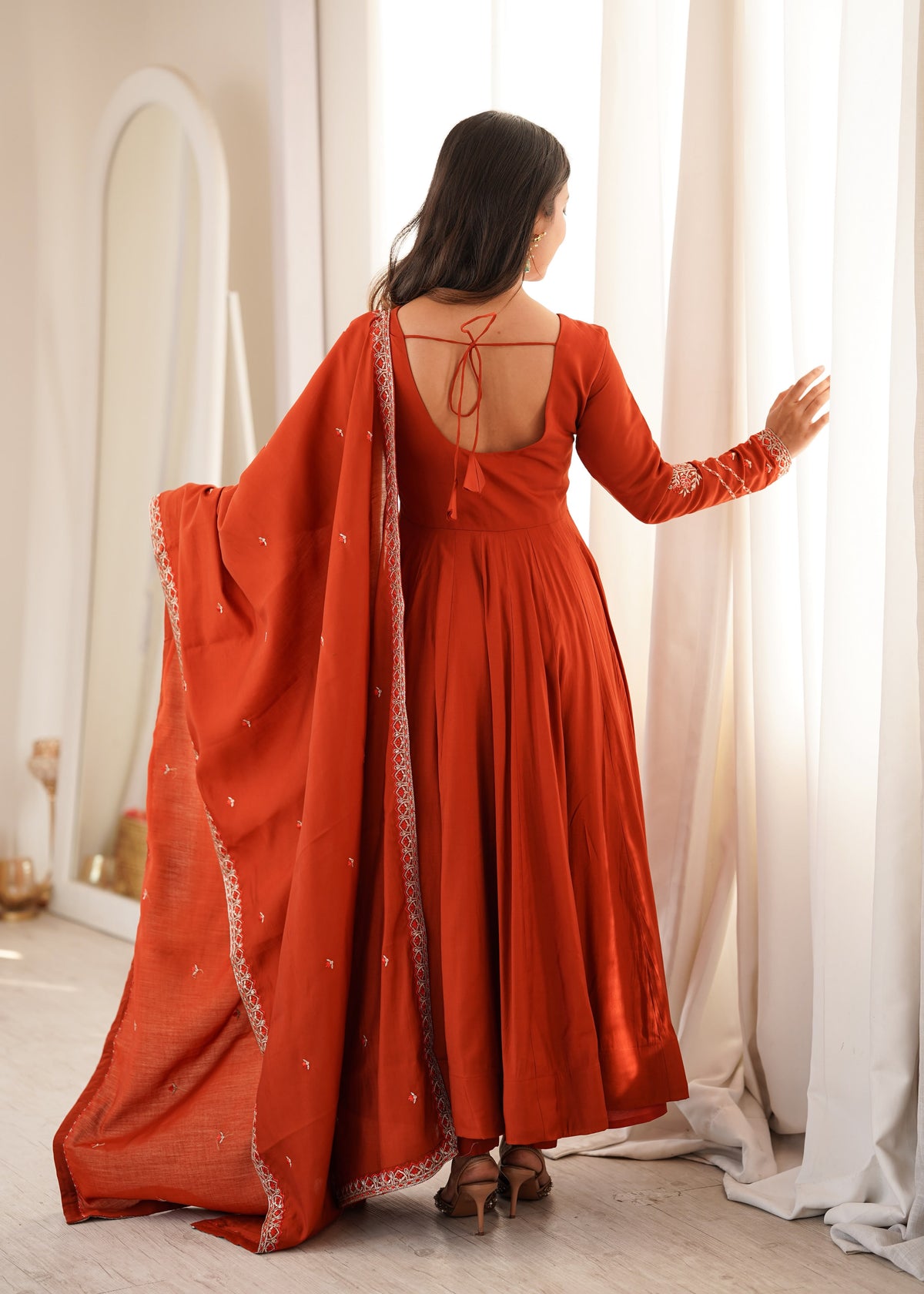 Orange Silk Embroidered Anarkali Kurta Set With Dupatta For Women