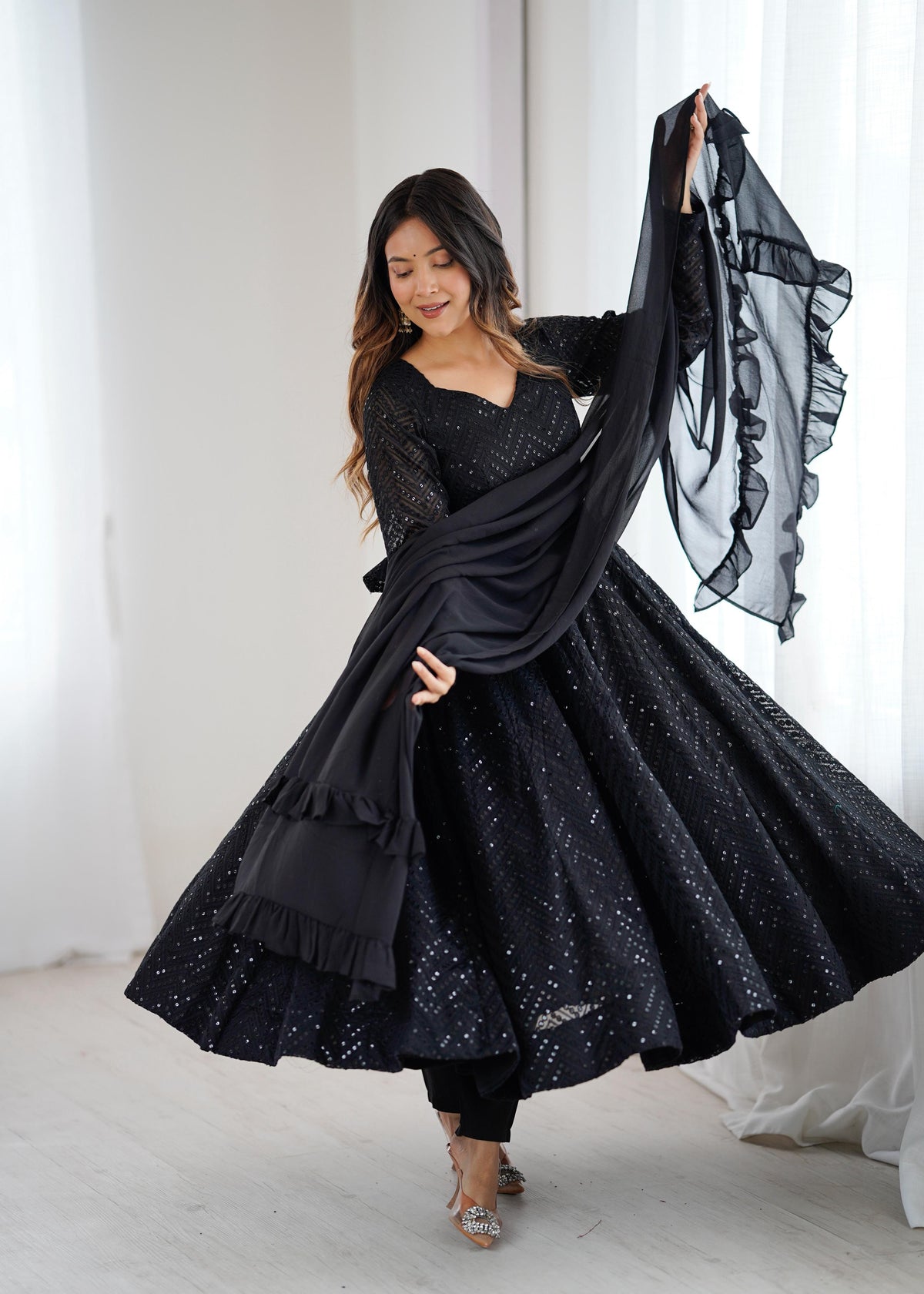 Black Silk Embroidered Anarkali Kurta Set With Dupatta For Women
