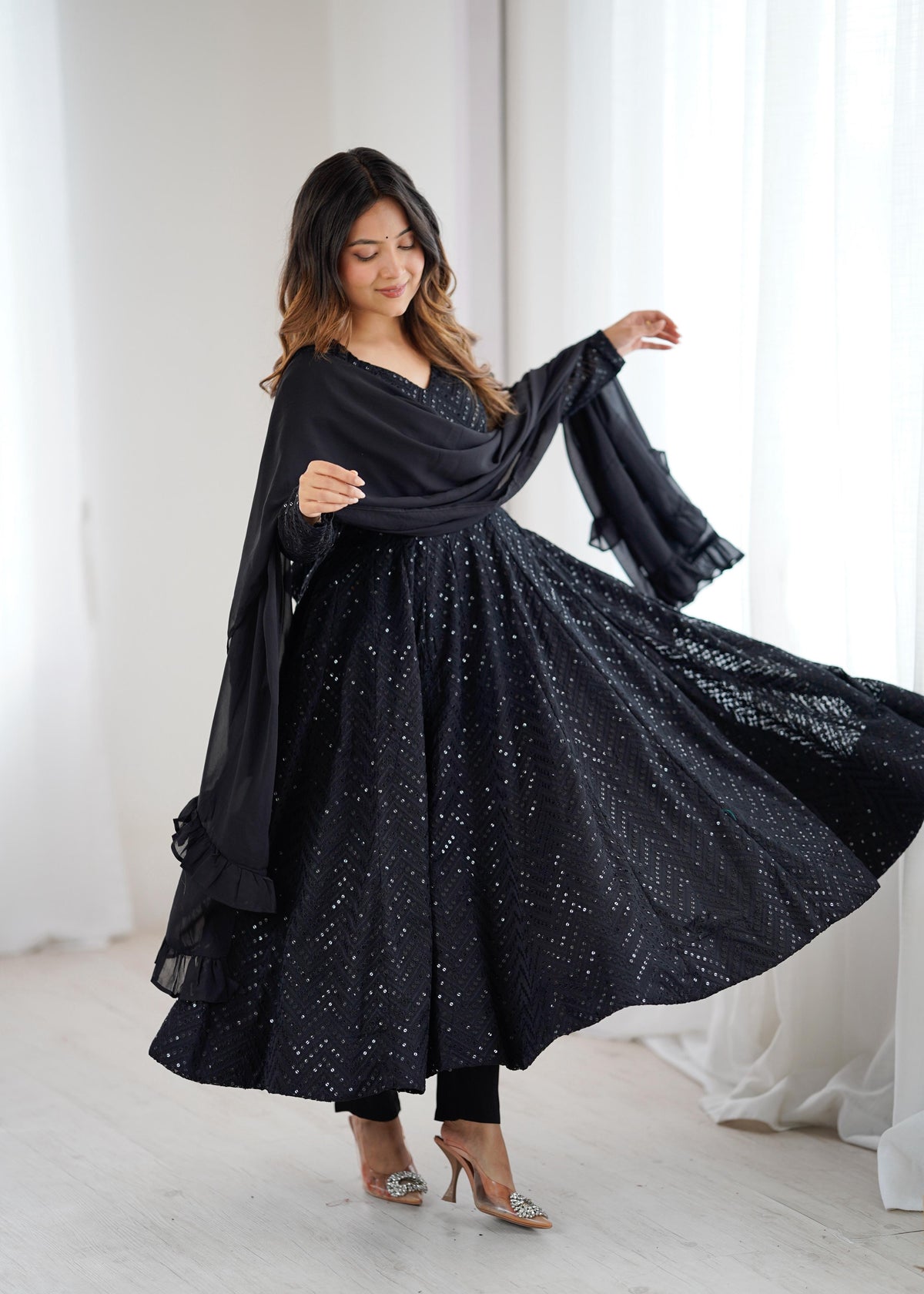 Black Silk Embroidered Anarkali Kurta Set With Dupatta For Women