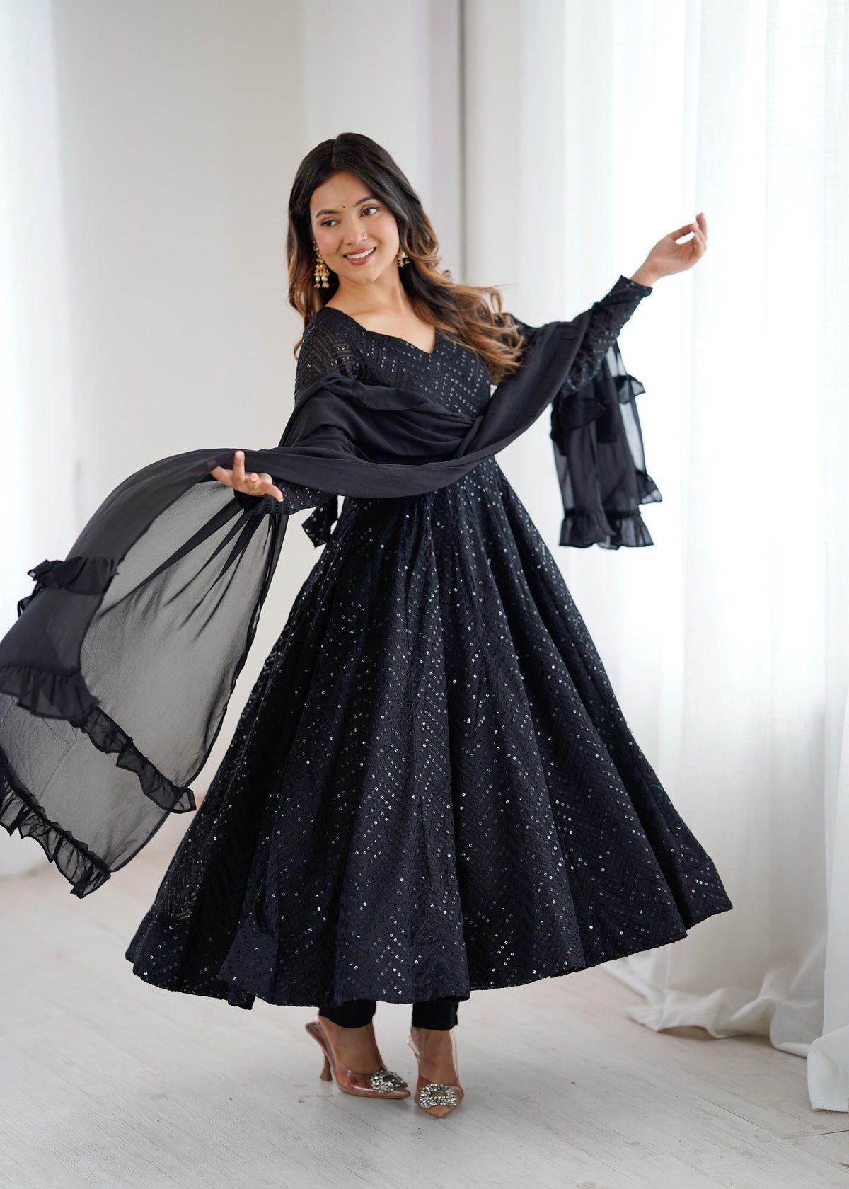 Black Silk Embroidered Anarkali Kurta Set With Dupatta For Women