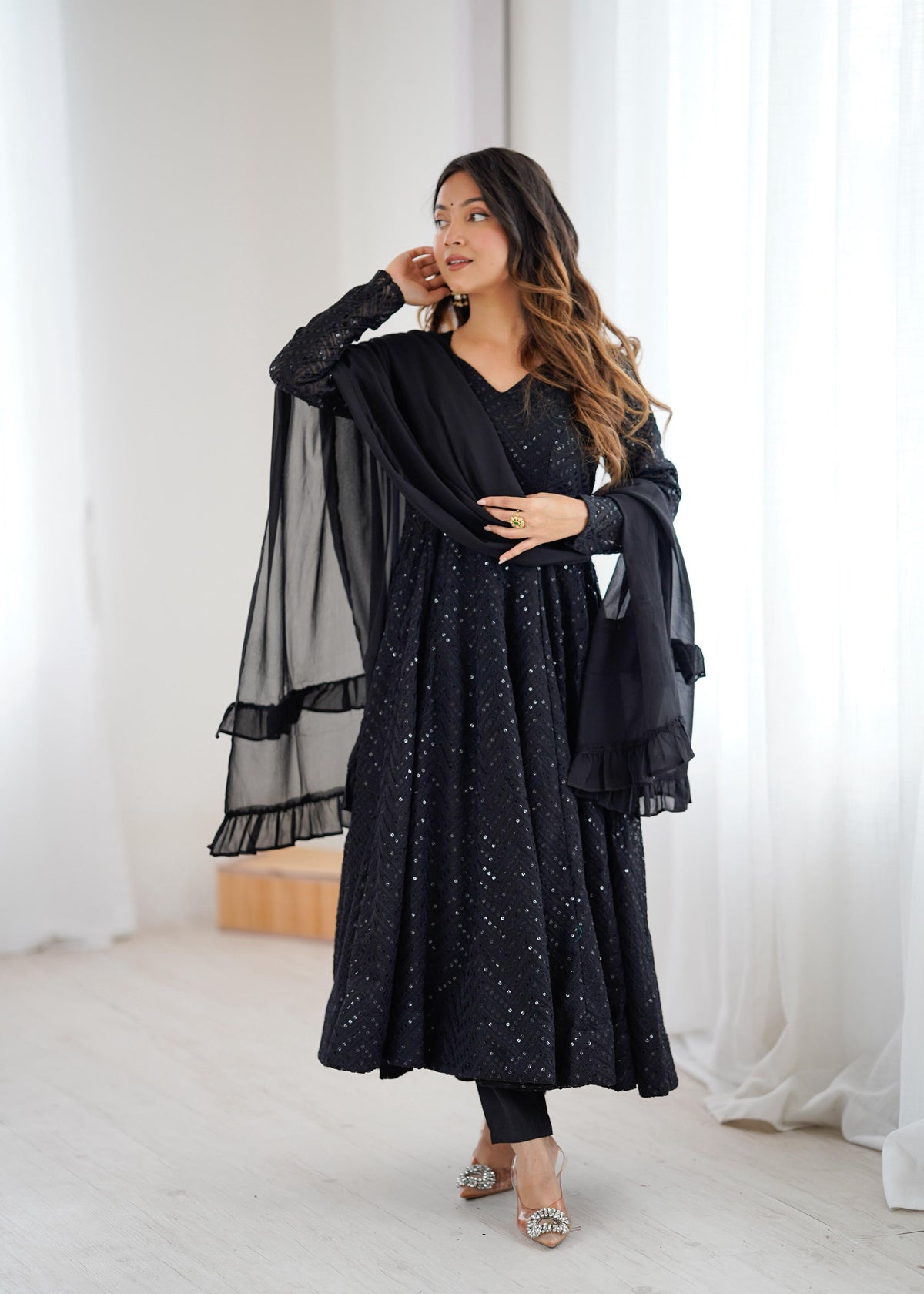 Black Silk Embroidered Anarkali Kurta Set With Dupatta For Women