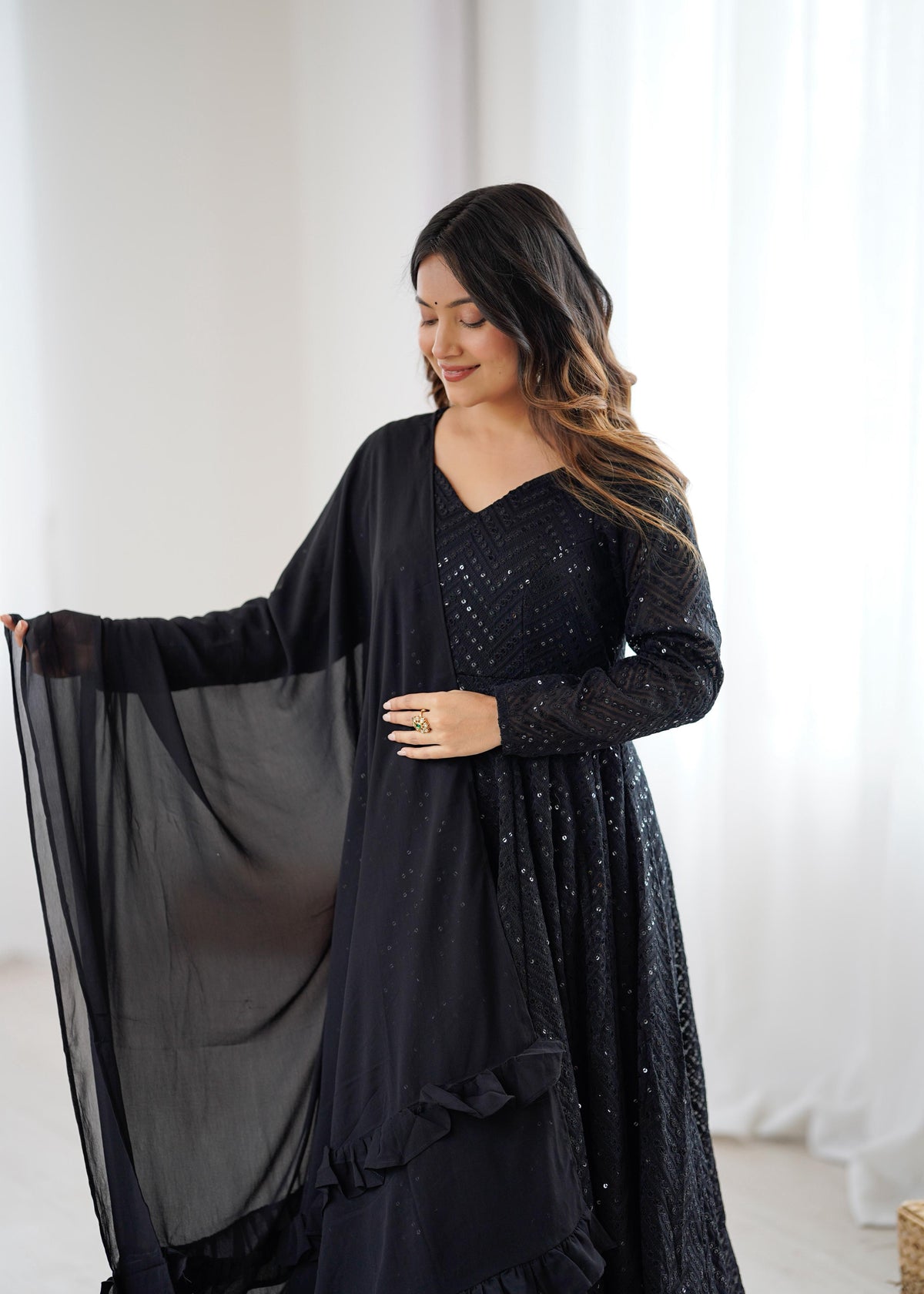 Black Silk Embroidered Anarkali Kurta Set With Dupatta For Women
