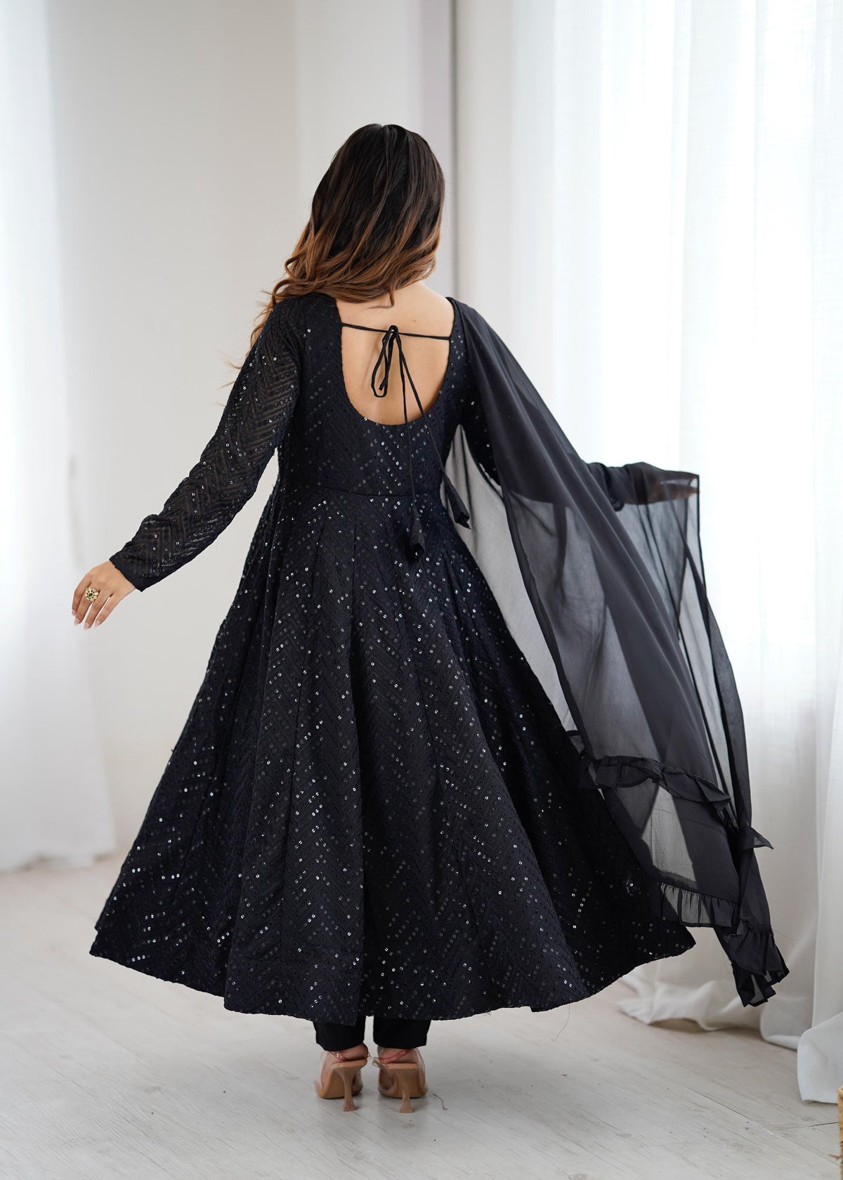 Black Silk Embroidered Anarkali Kurta Set With Dupatta For Women
