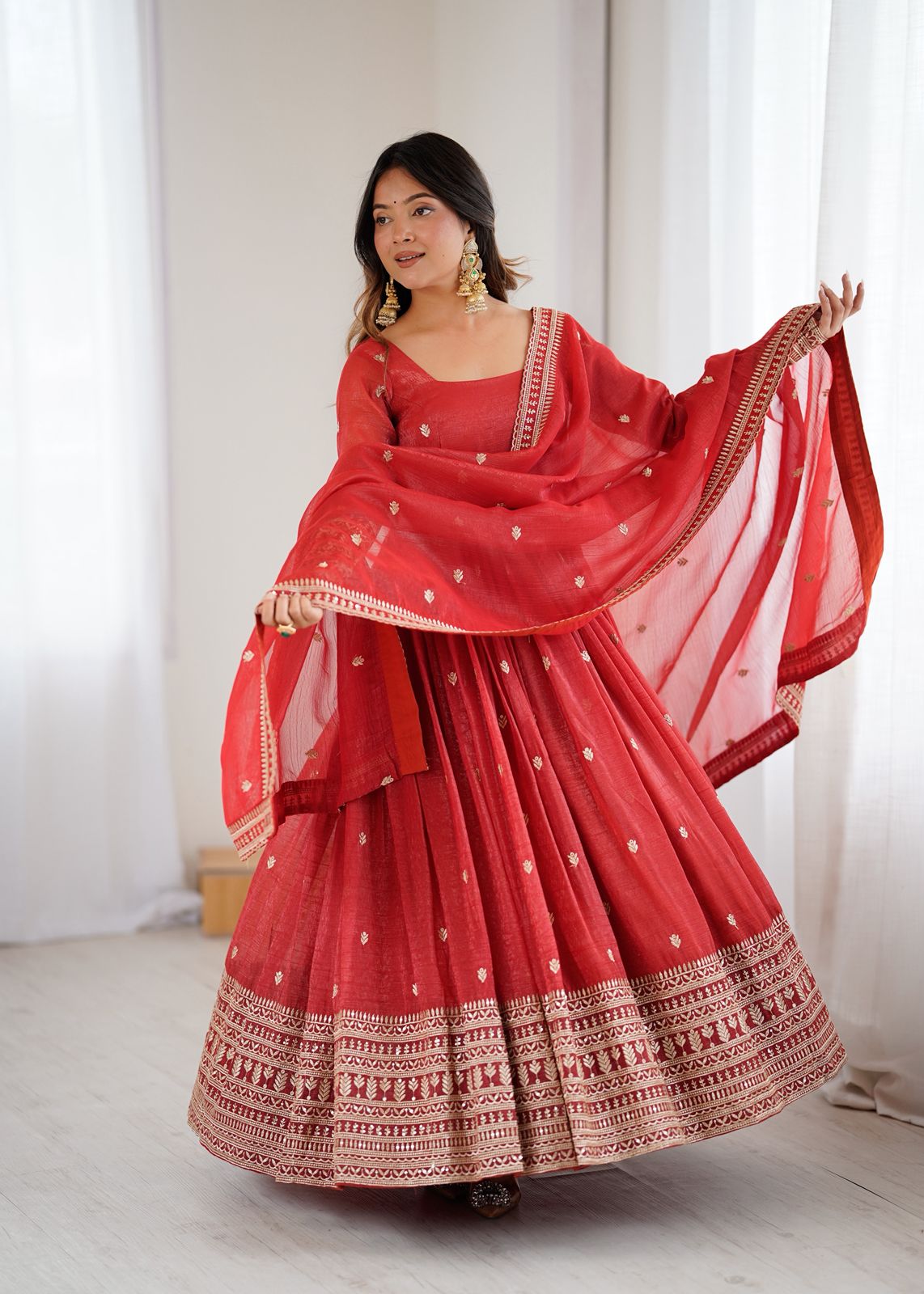 Rust Silk Embroidered Anarkali Kurta Set With Dupatta For Women