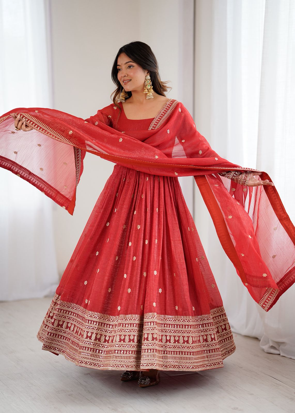 Rust Silk Embroidered Anarkali Kurta Set With Dupatta For Women