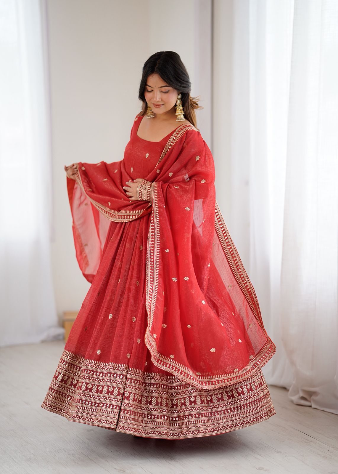 Rust Silk Embroidered Anarkali Kurta Set With Dupatta For Women