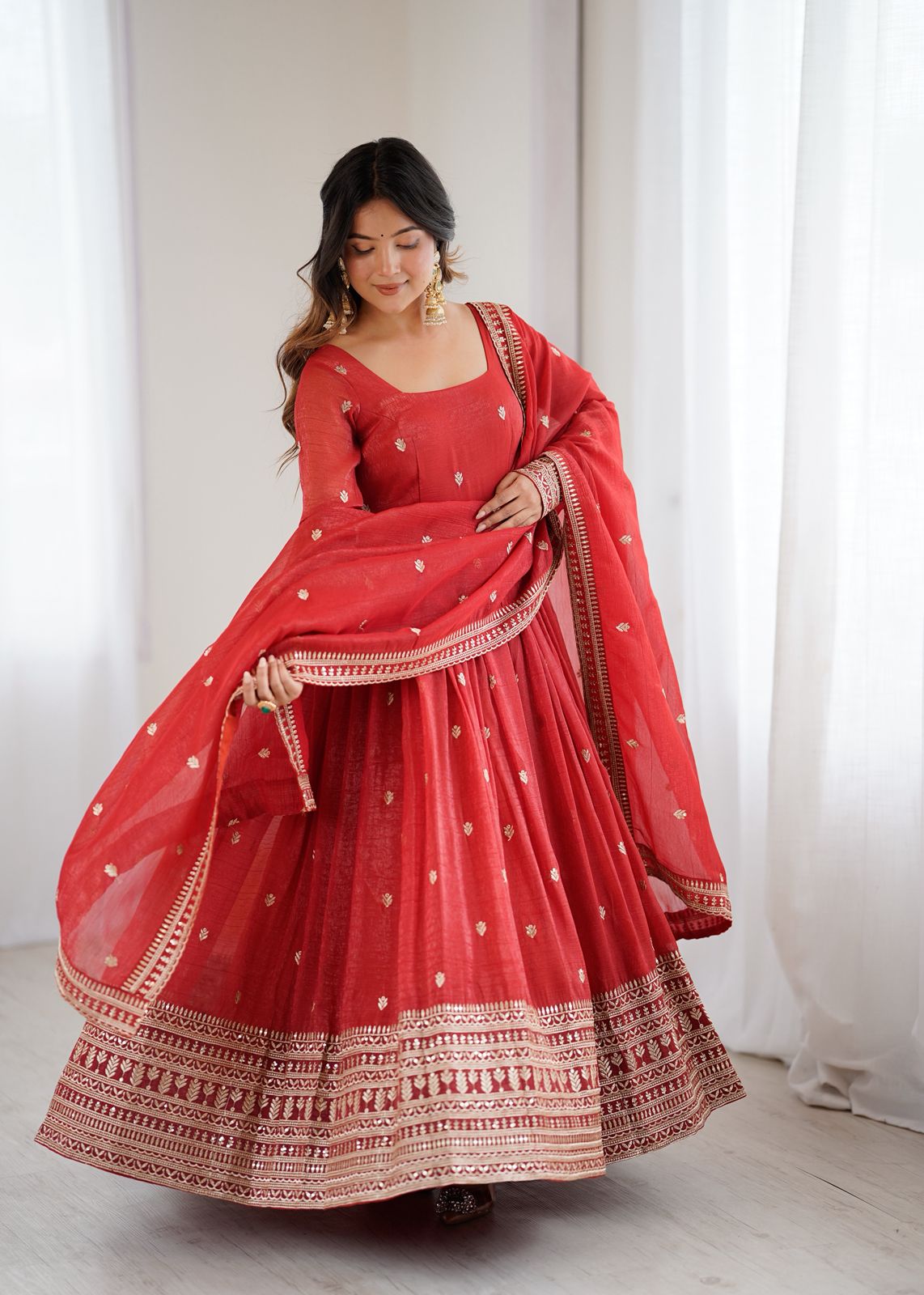 Rust Silk Embroidered Anarkali Kurta Set With Dupatta For Women