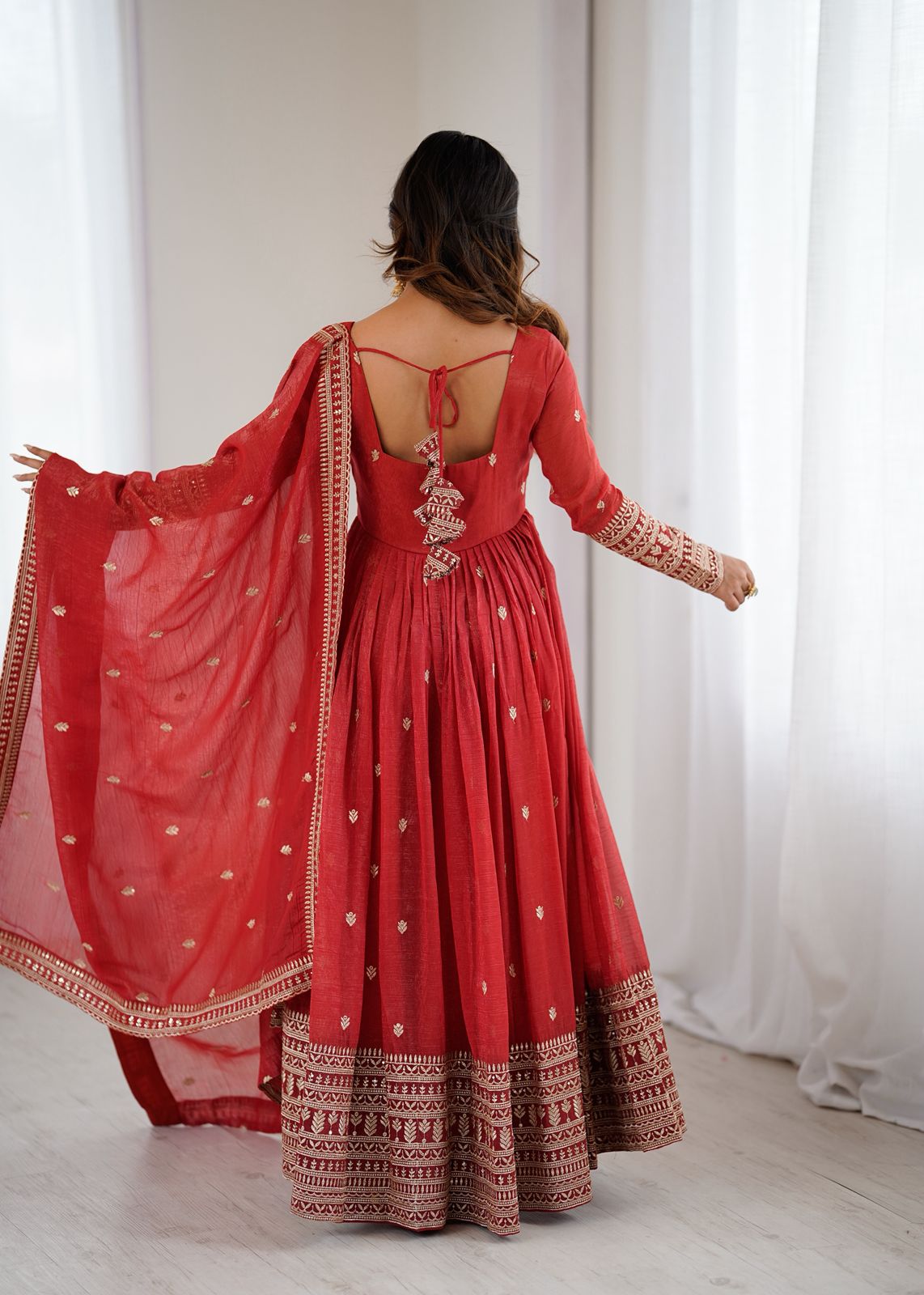 Rust Silk Embroidered Anarkali Kurta Set With Dupatta For Women
