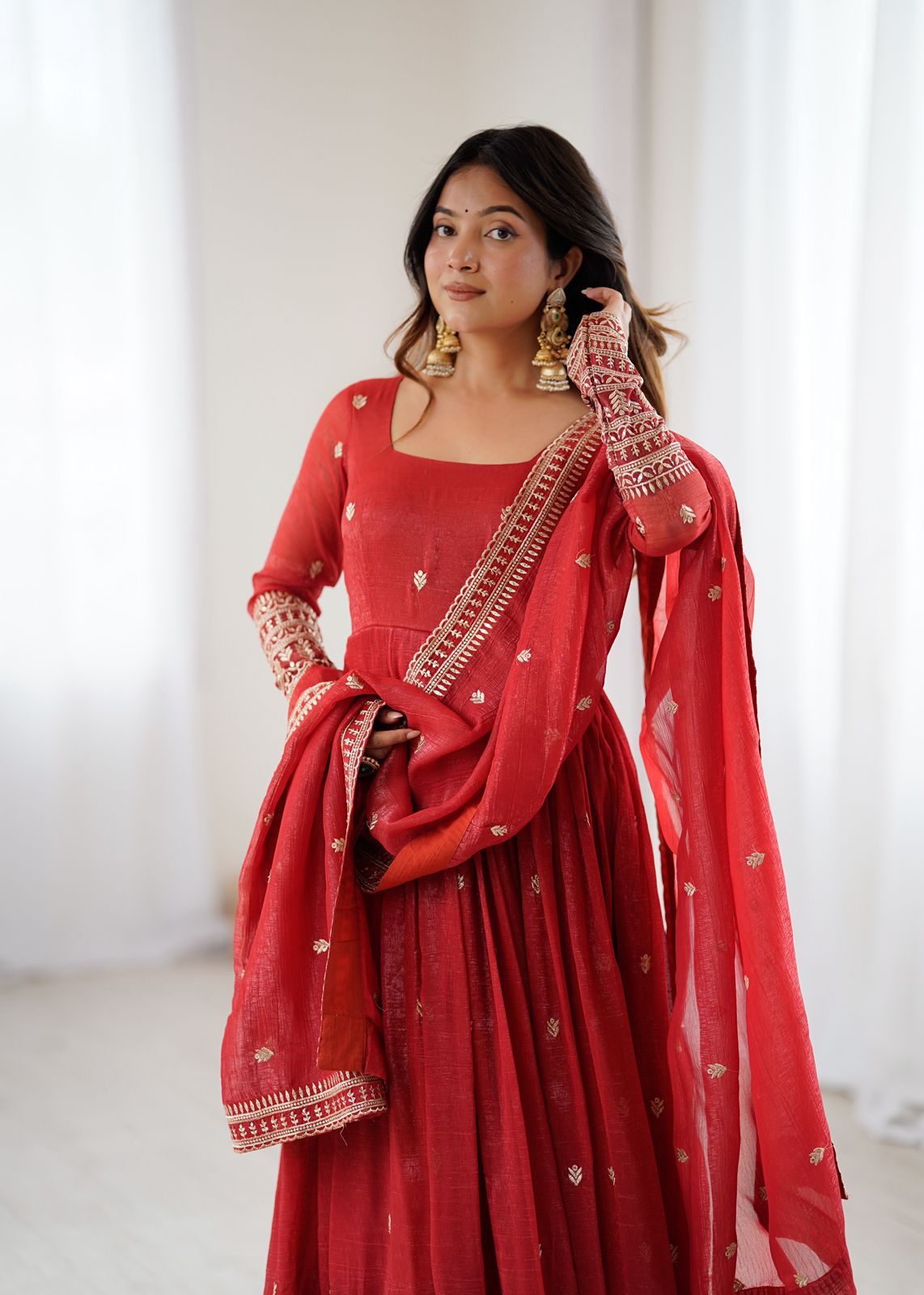 Rust Silk Embroidered Anarkali Kurta Set With Dupatta For Women