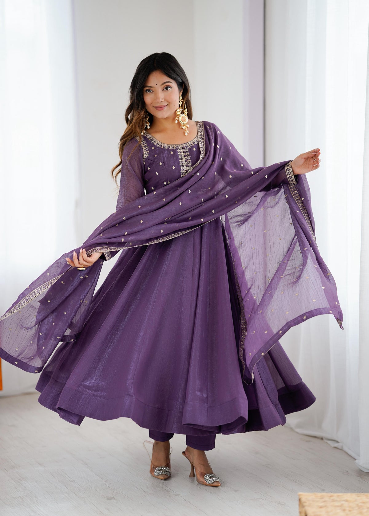 Mauve Silk Embroidered Anarkali Kurta Set With Dupatta For Women