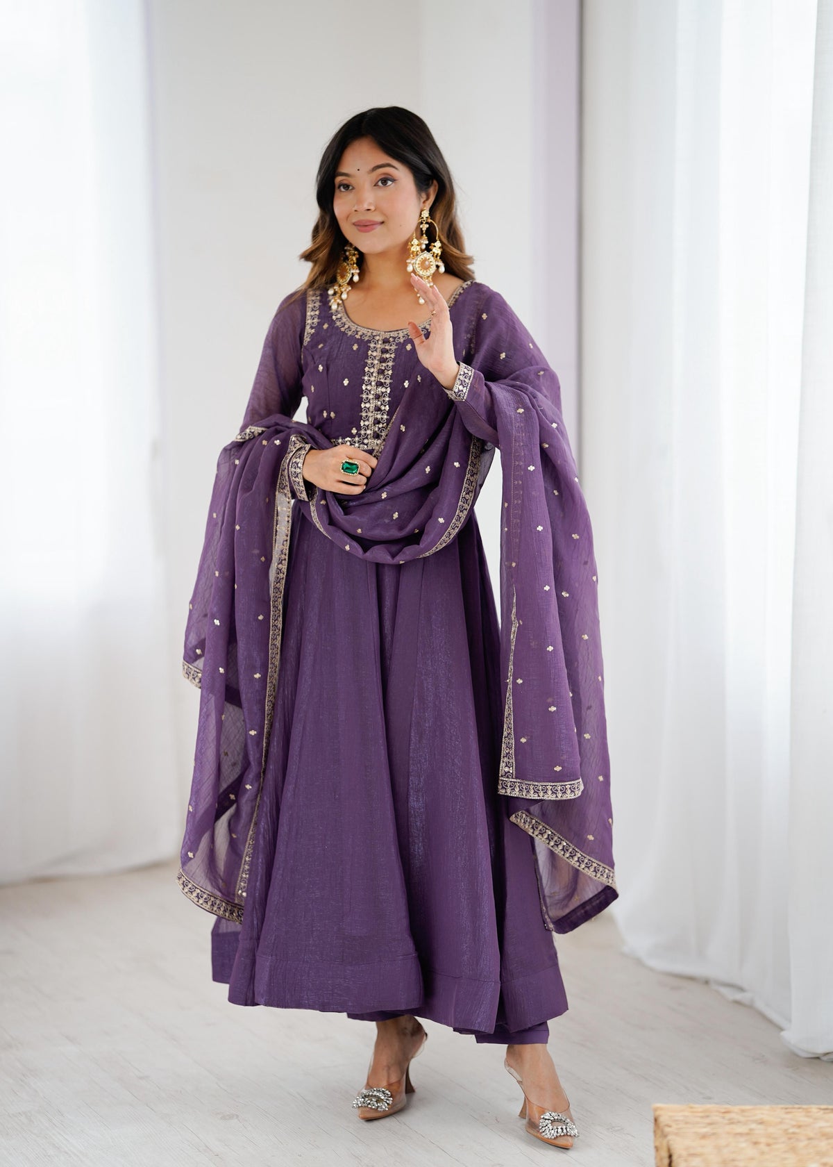 Mauve Silk Embroidered Anarkali Kurta Set With Dupatta For Women