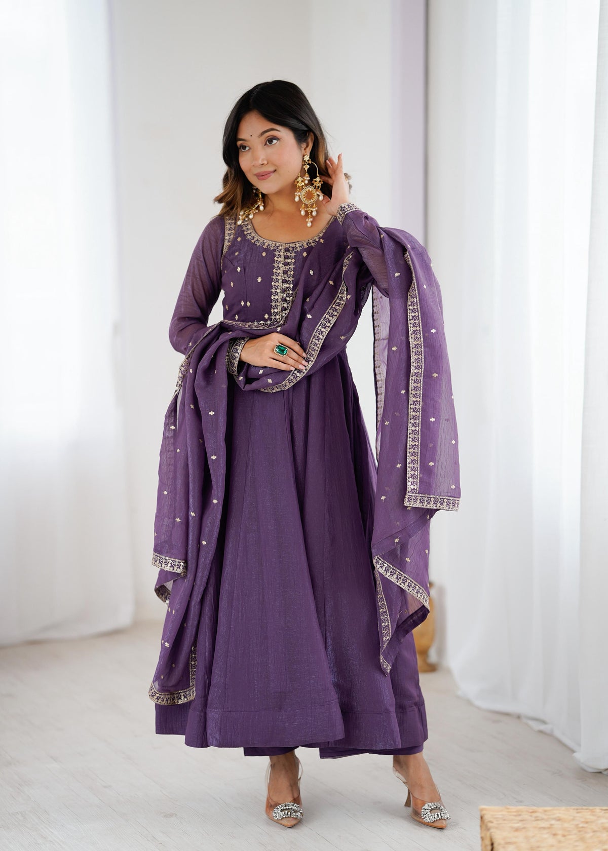 Mauve Silk Embroidered Anarkali Kurta Set With Dupatta For Women