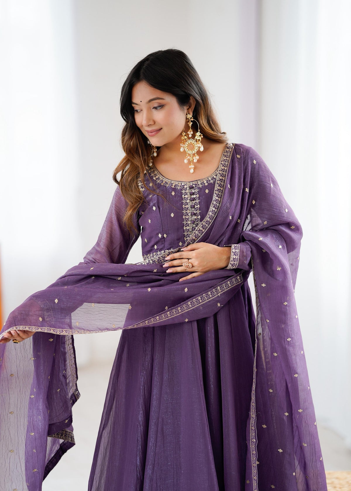 Mauve Silk Embroidered Anarkali Kurta Set With Dupatta For Women