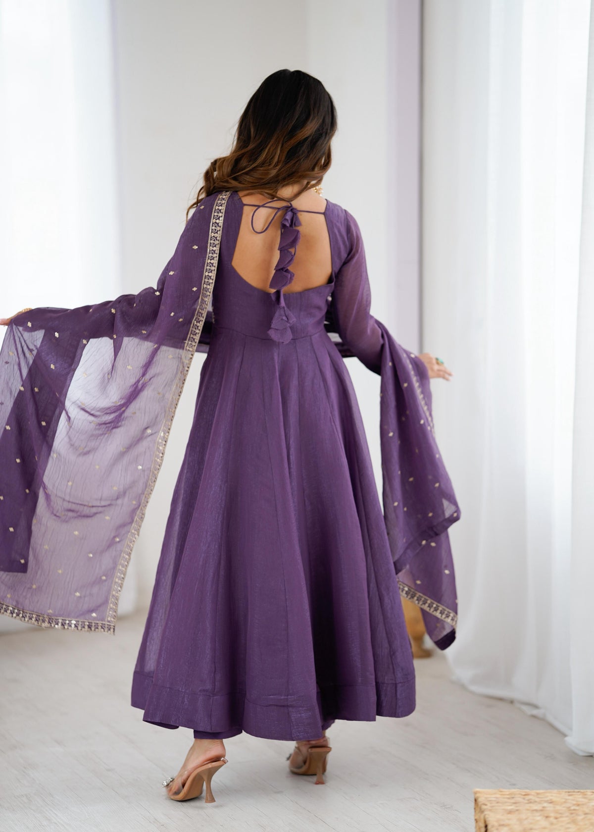 Mauve Silk Embroidered Anarkali Kurta Set With Dupatta For Women