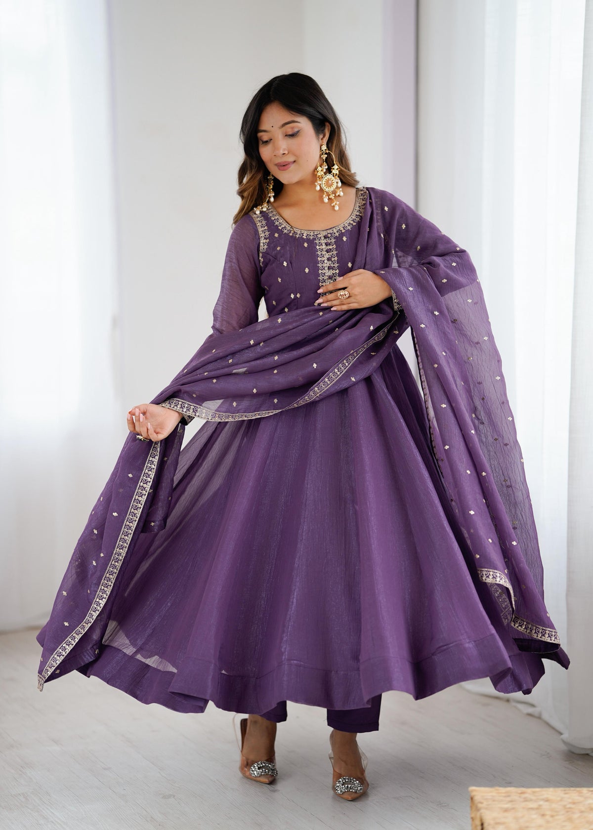Mauve Silk Embroidered Anarkali Kurta Set With Dupatta For Women