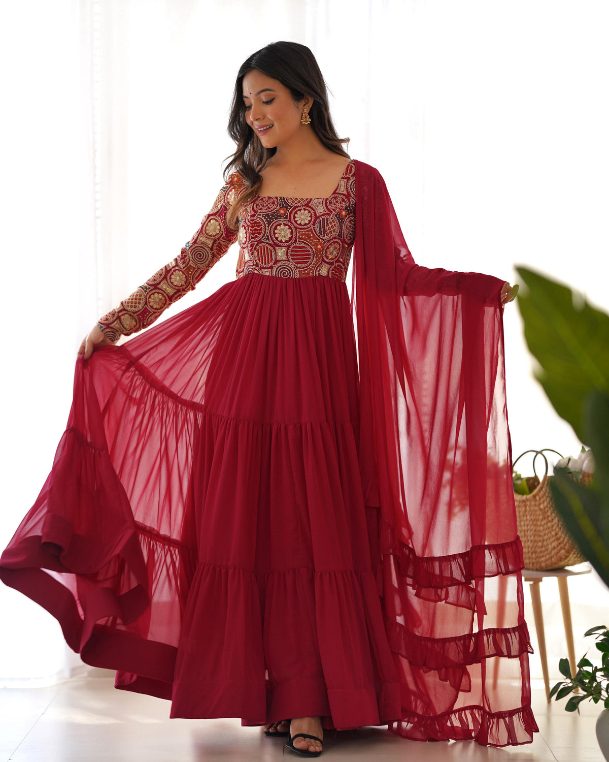 Red Silk Embroidered Anarkali Kurta Set With Dupatta For Women
