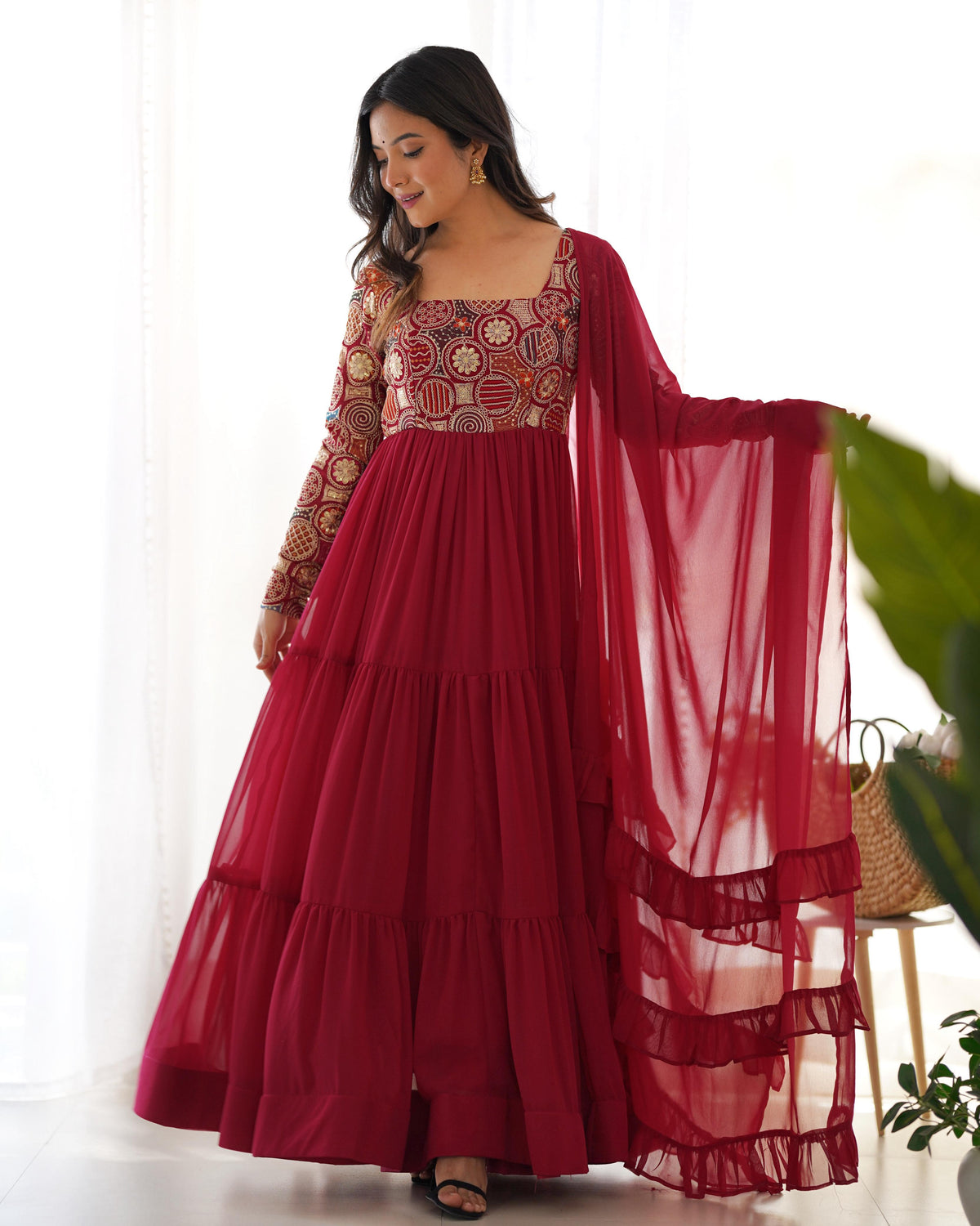 Red Silk Embroidered Anarkali Kurta Set With Dupatta For Women