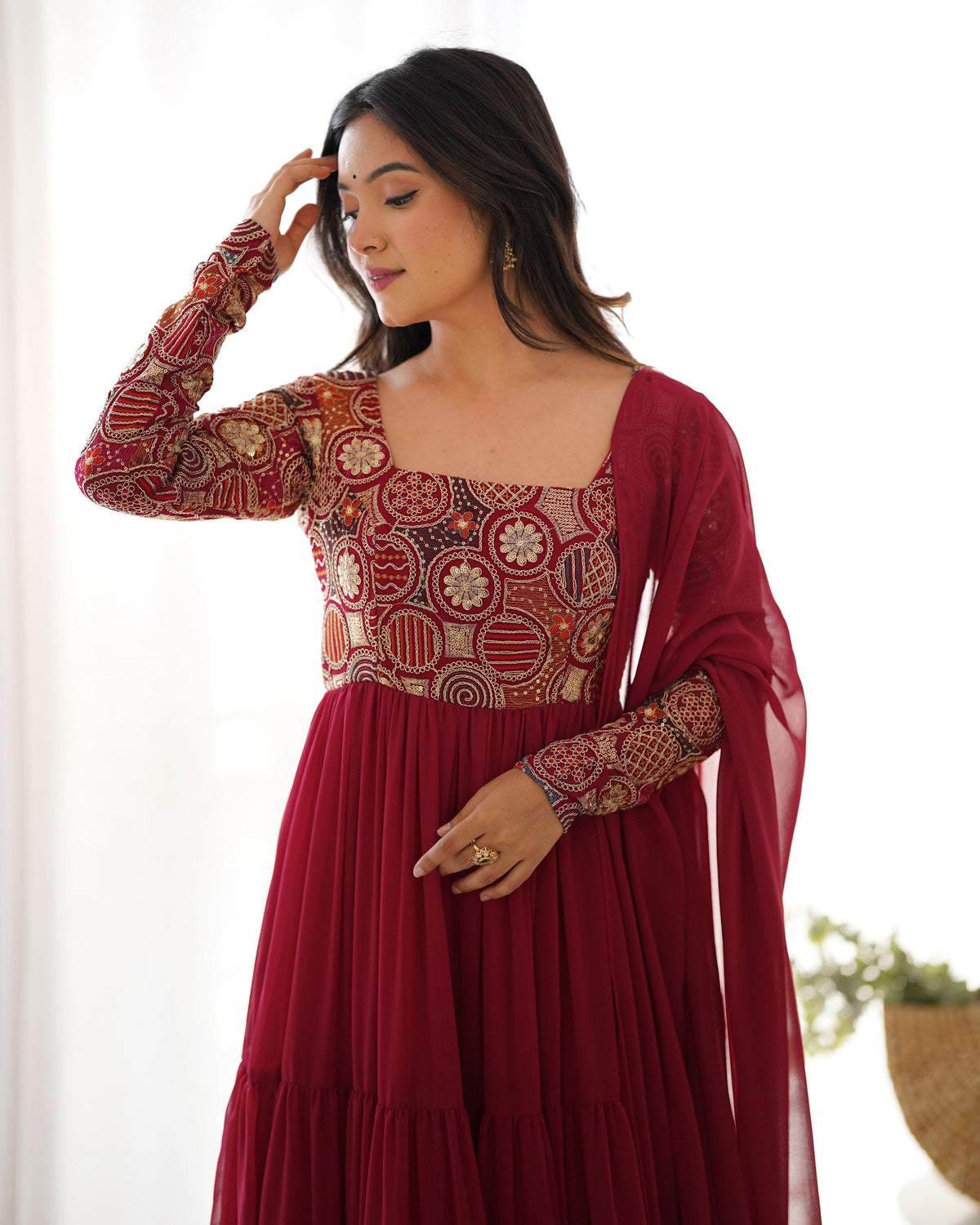 Red Silk Embroidered Anarkali Kurta Set With Dupatta For Women